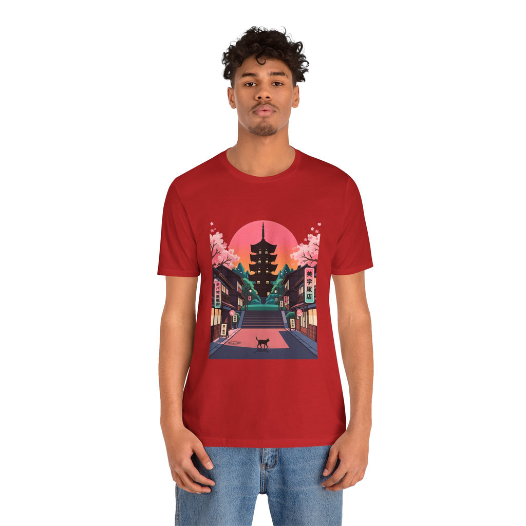 Japanese Pagoda Sunset Tee — Sakura Street Cat Graphic T-Shirt