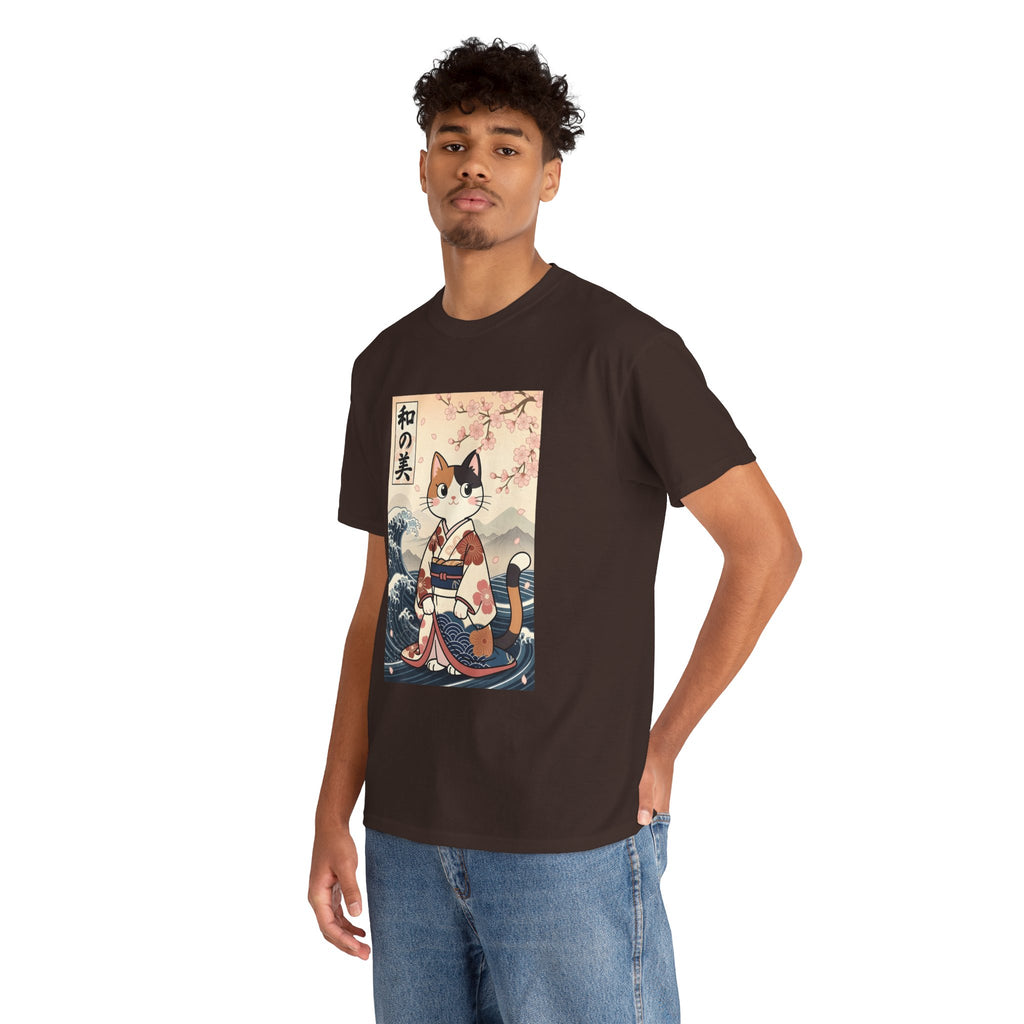 Cat Ukiyo-e T-Shirt — Vintage Japanese Kimono Cat with Cherry Blossoms