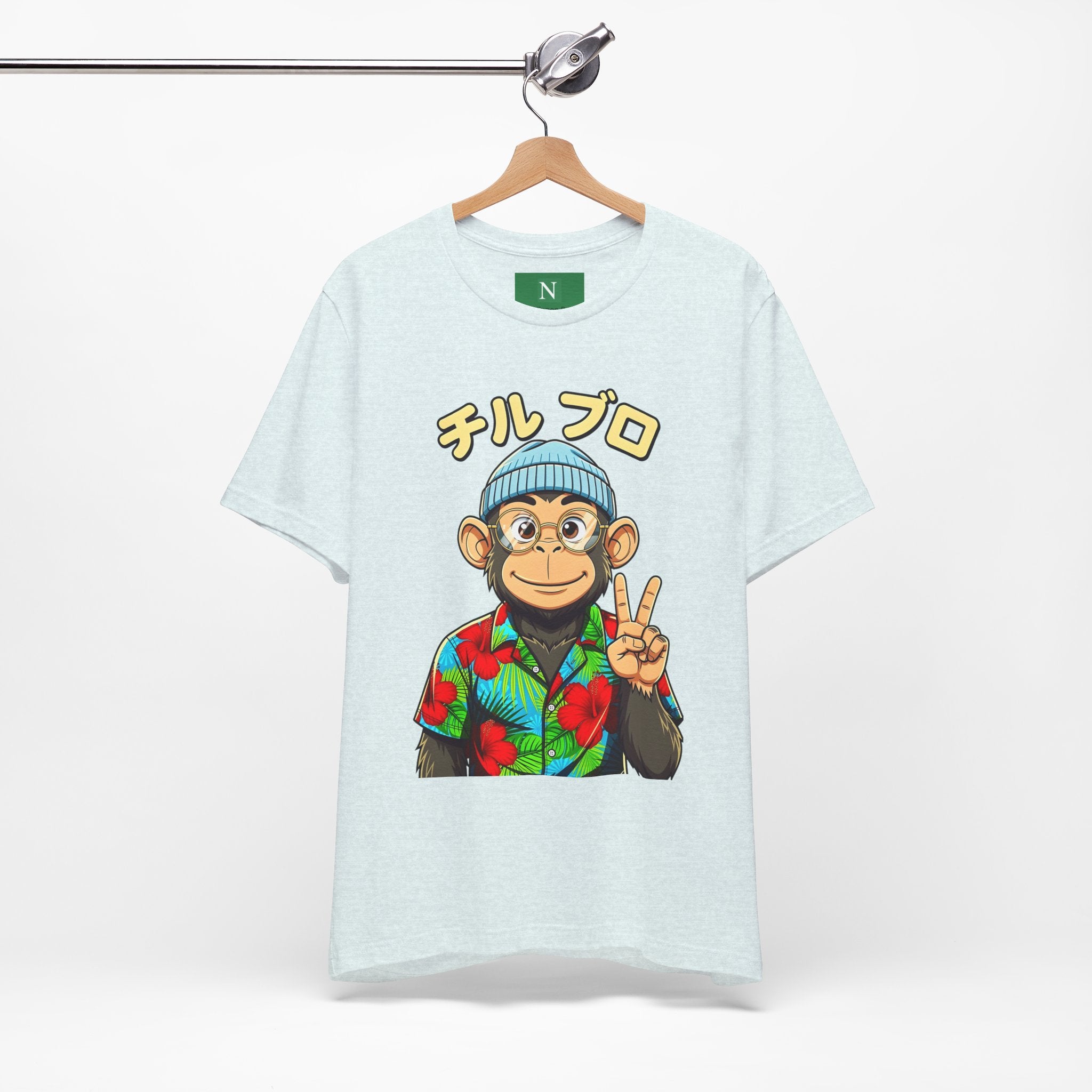 Monkey Peace Sign Tee — Hawaiian Shirt Chimp Graphic with Japanese Text