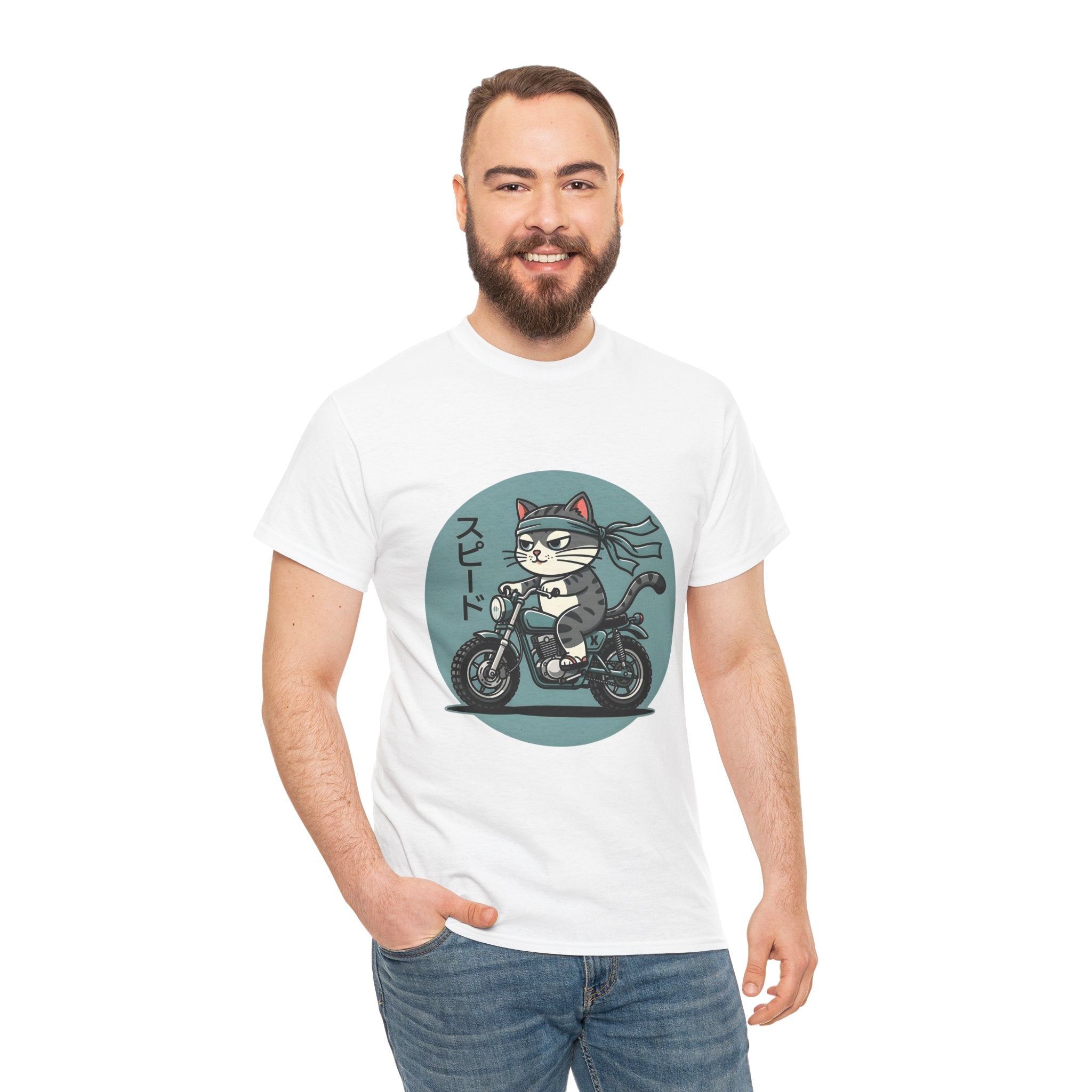 Cat Biker T‑Shirt — Retro Motorcycle Cat with Japanese “Speed” Text