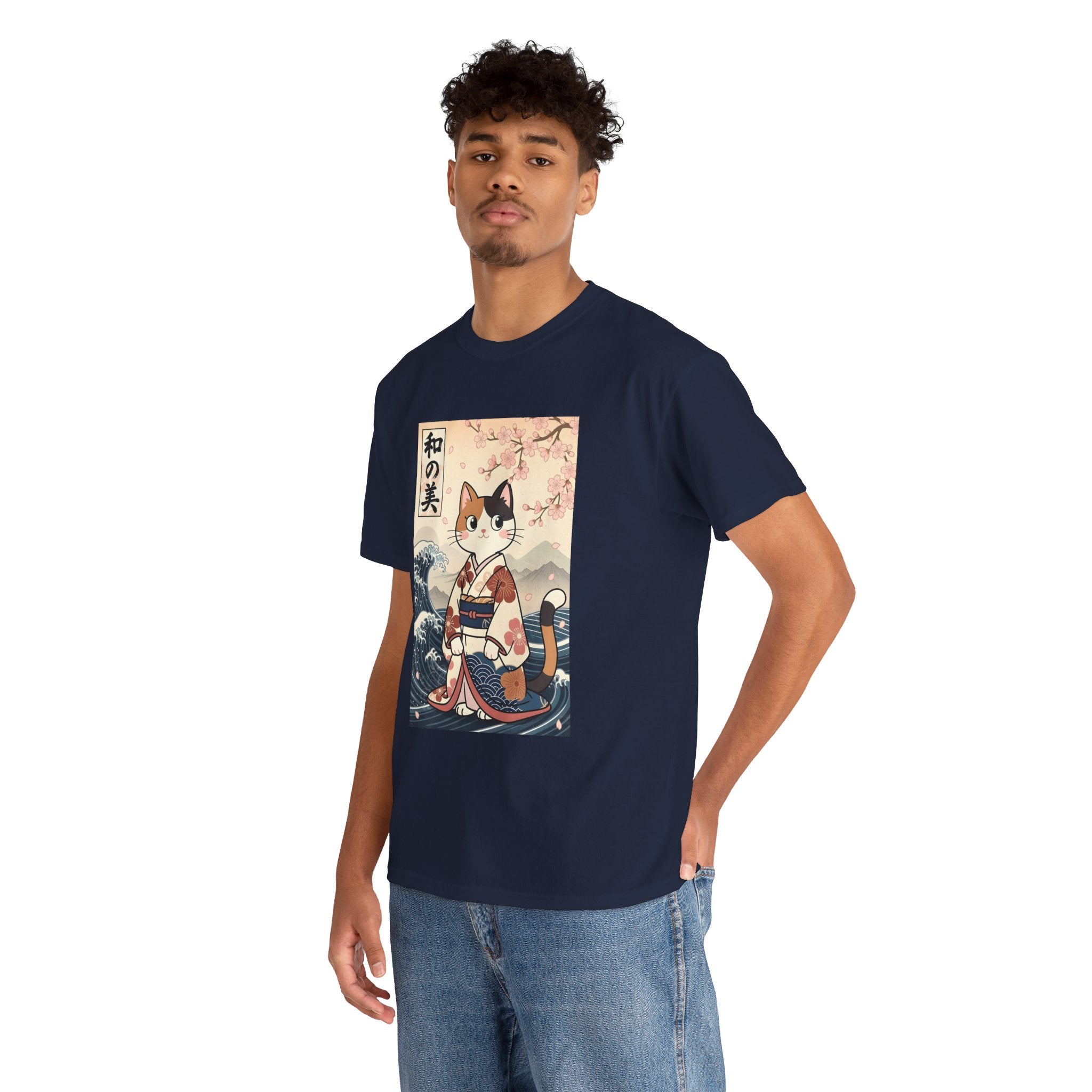 Cat Ukiyo-e T-Shirt — Vintage Japanese Kimono Cat with Cherry Blossoms