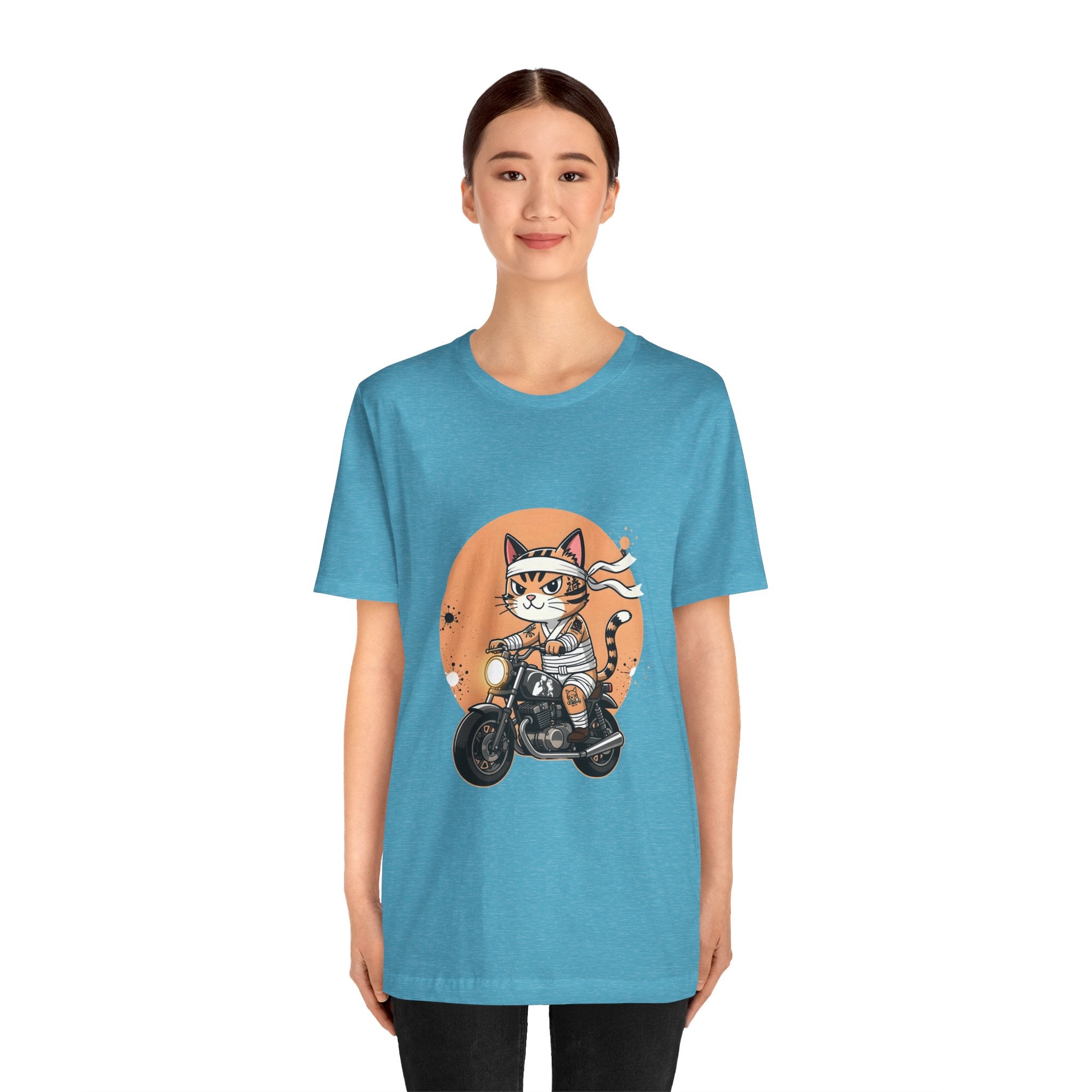 Retro Biker Cat T‑Shirt — Cute Motorcycle Cat Graphic Tee