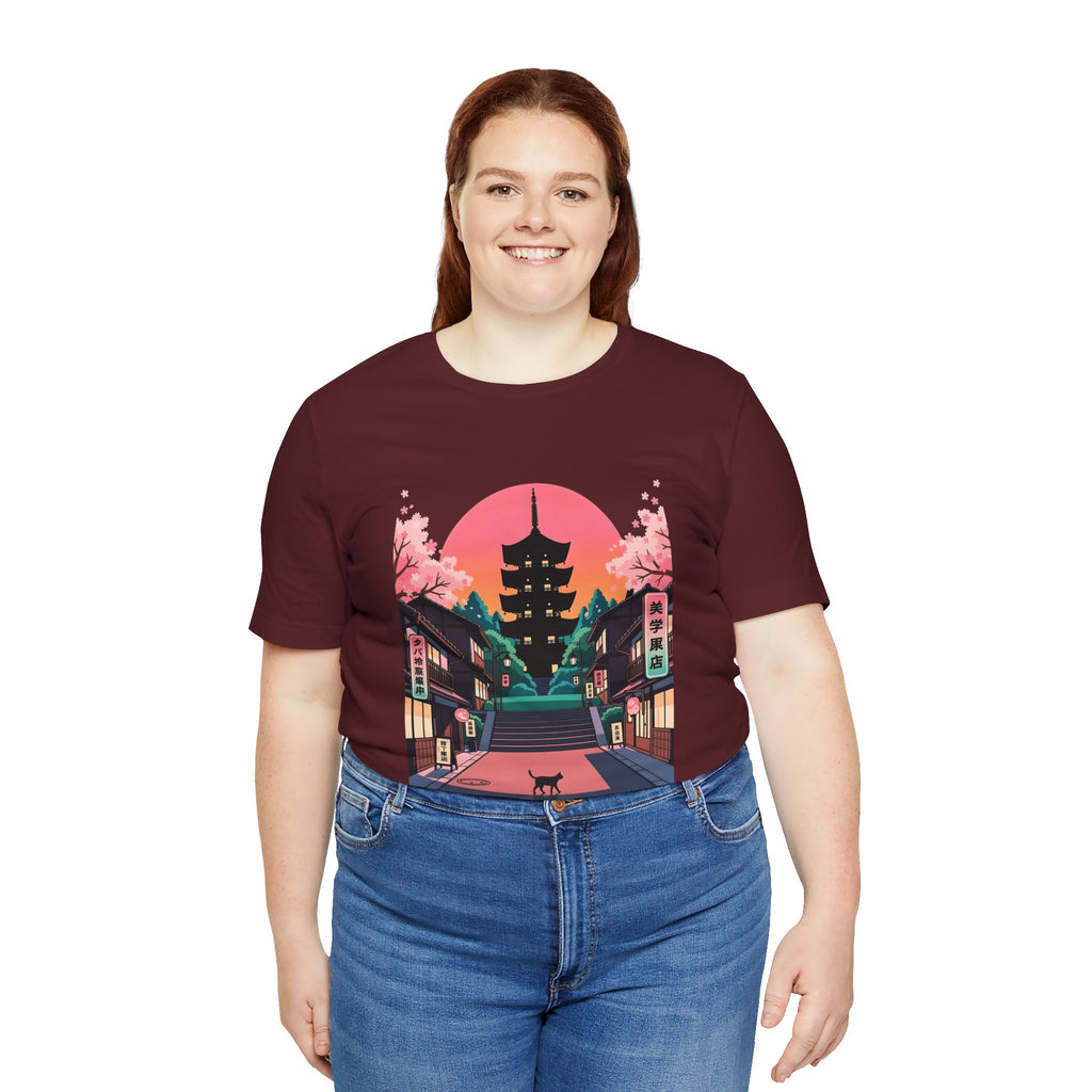 Japanese Pagoda Sunset Tee — Sakura Street Cat Graphic T-Shirt