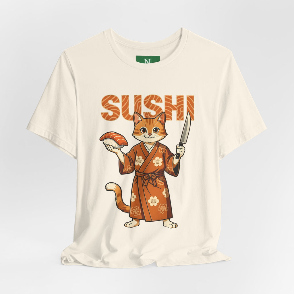 Sushi Cat Graphic Tee — Cute Samurai Cat Holding Sushi & Knife