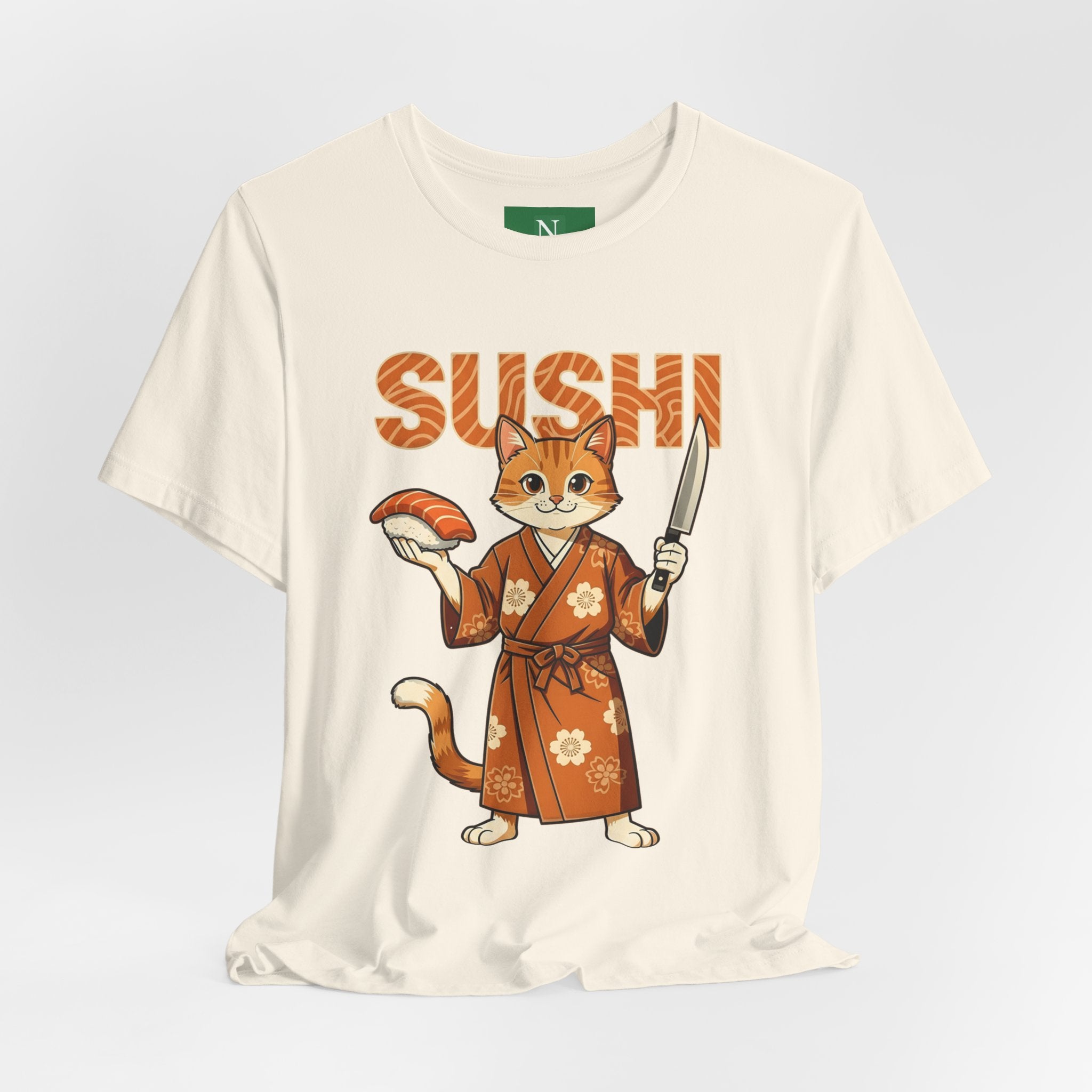 Sushi Cat Graphic Tee — Cute Samurai Cat Holding Sushi & Knife