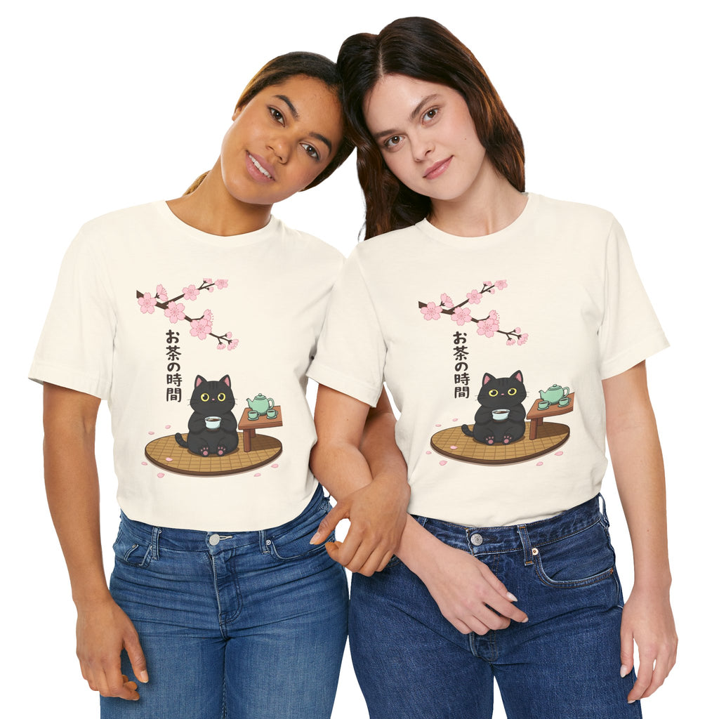 Cat Tea Time T-Shirt — Kawaii Black Cat with Sakura and Teapot