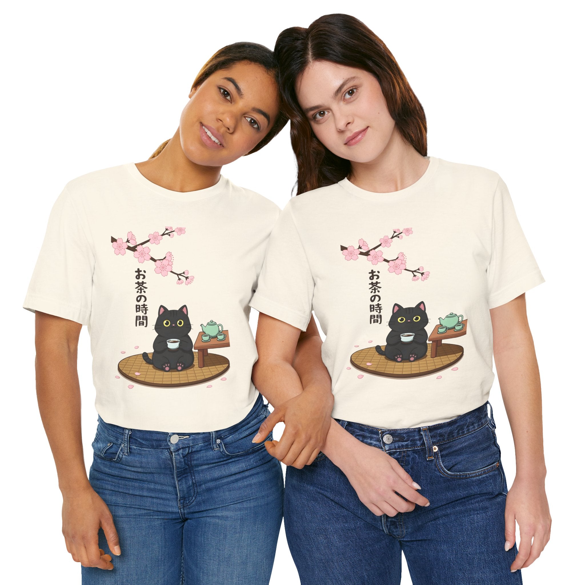 Cat Tea Time T-Shirt — Kawaii Black Cat with Sakura and Teapot