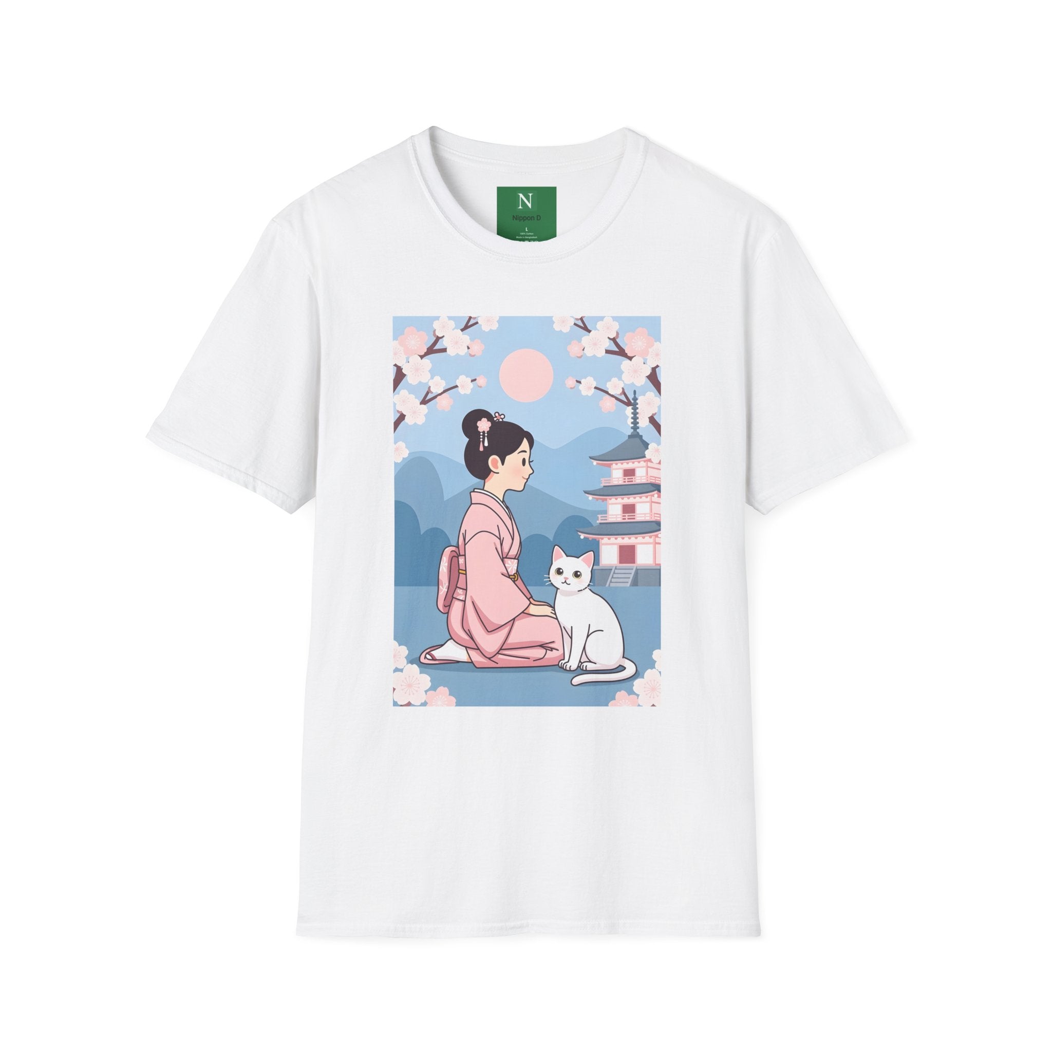Cherry Blossom Geisha Tee — Japanese Girl & Cat Graphic T-Shirt