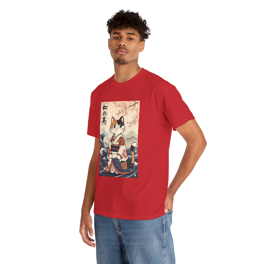 Cat Ukiyo-e T-Shirt — Vintage Japanese Kimono Cat with Cherry Blossoms