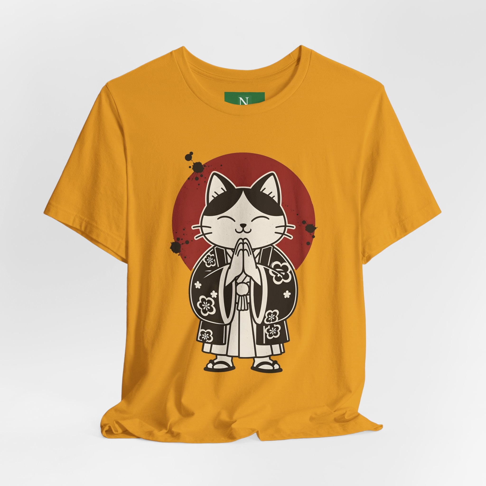 Samurai Cat T‑Shirt — Cute Praying Cat with Red Sun Graphic