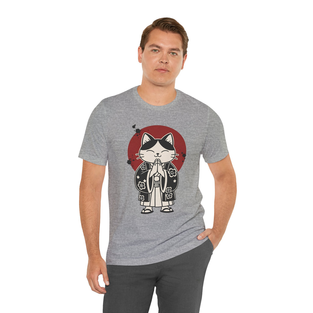 Samurai Cat T‑Shirt — Cute Praying Cat with Red Sun Graphic