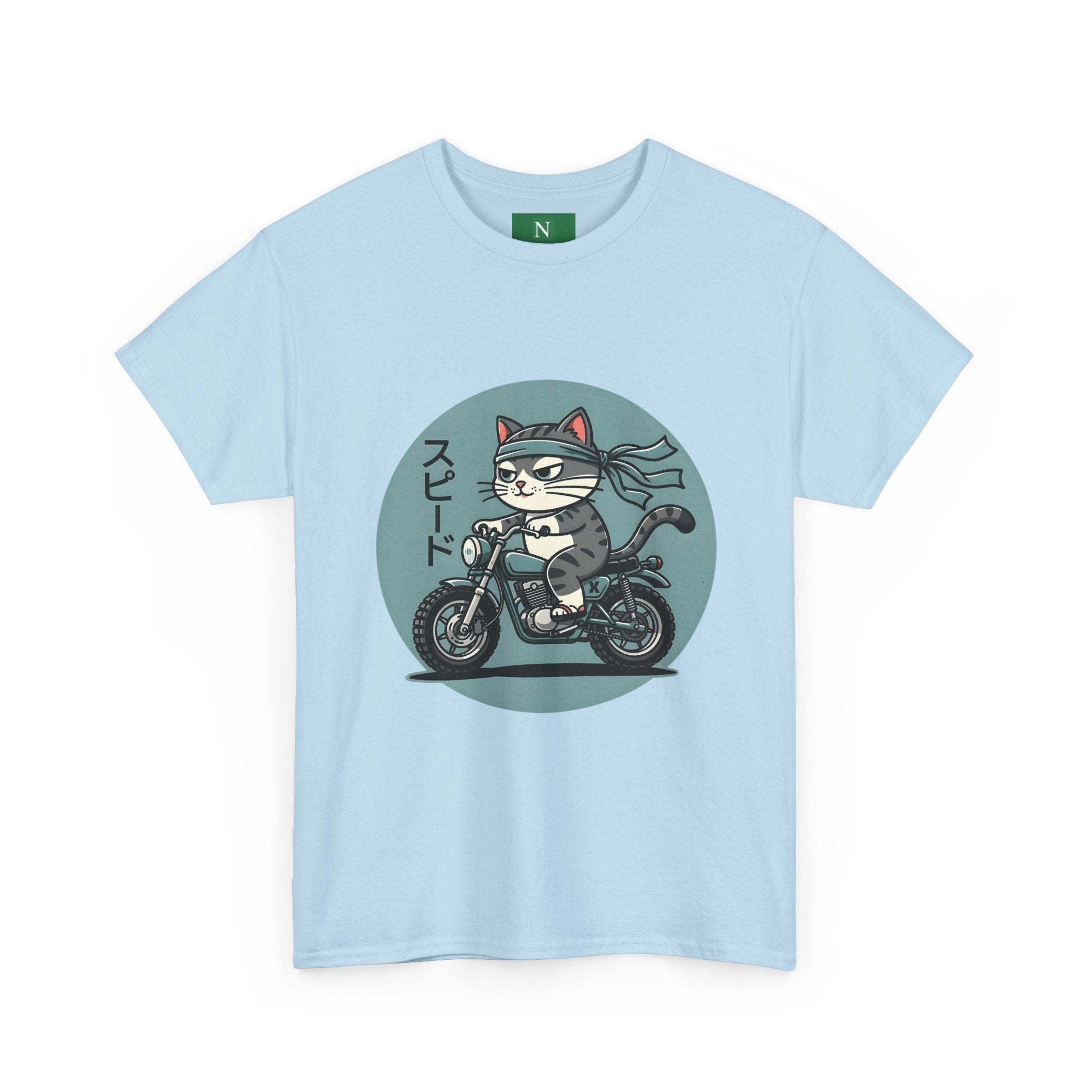 Cat Biker T‑Shirt — Retro Motorcycle Cat with Japanese “Speed” Text