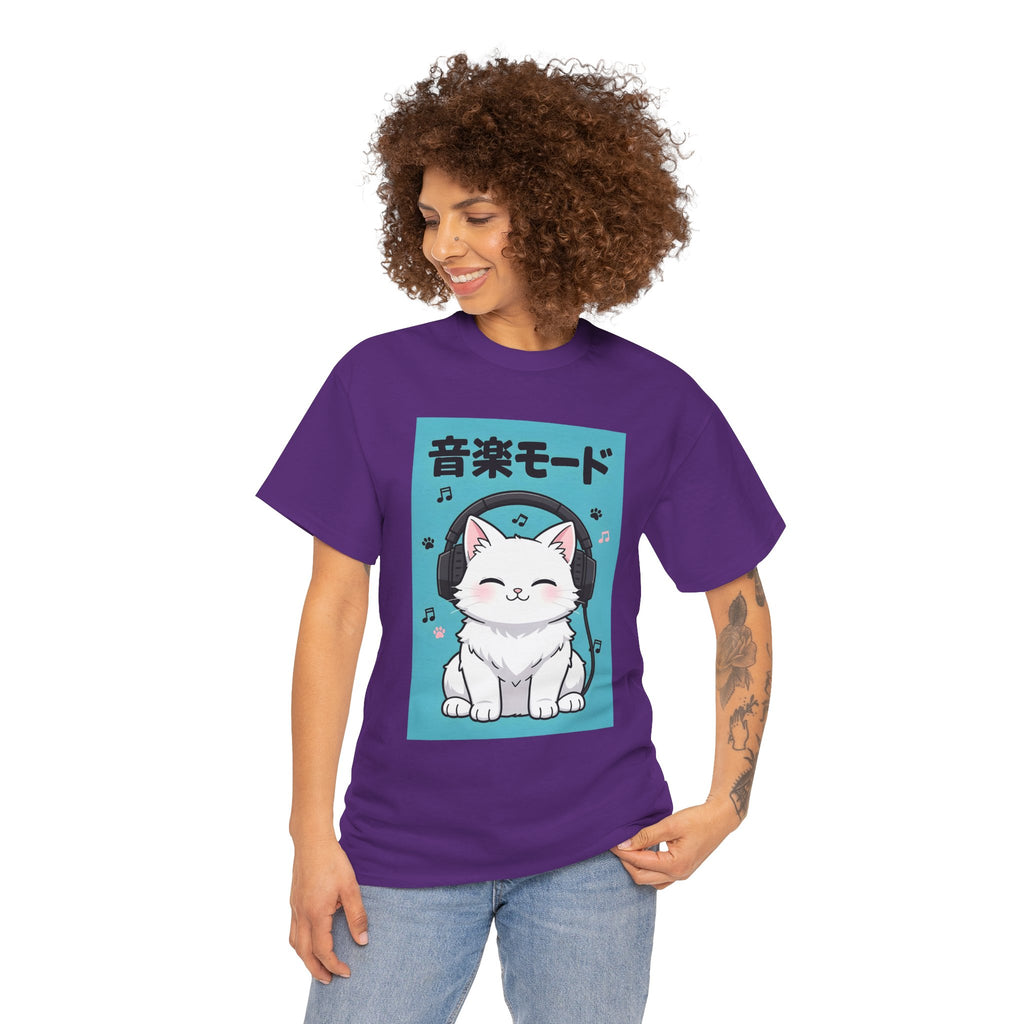 Music Mode Cat T-Shirt — Cute Headphone Kitten Tee (Japanese Text)