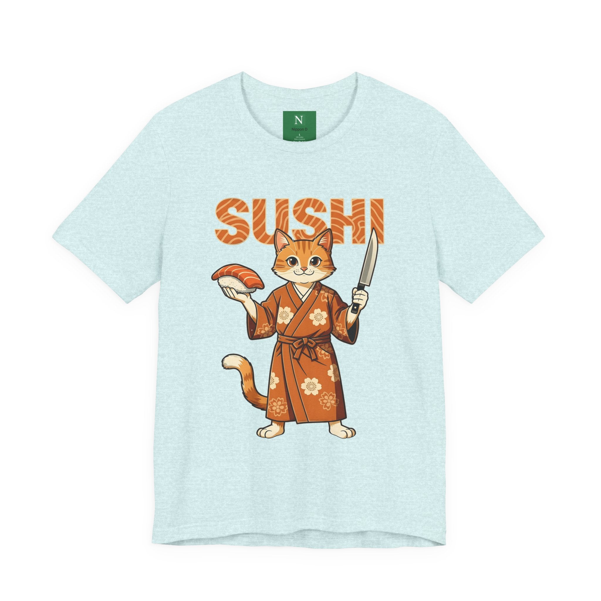 Sushi Cat Graphic Tee — Cute Samurai Cat Holding Sushi & Knife