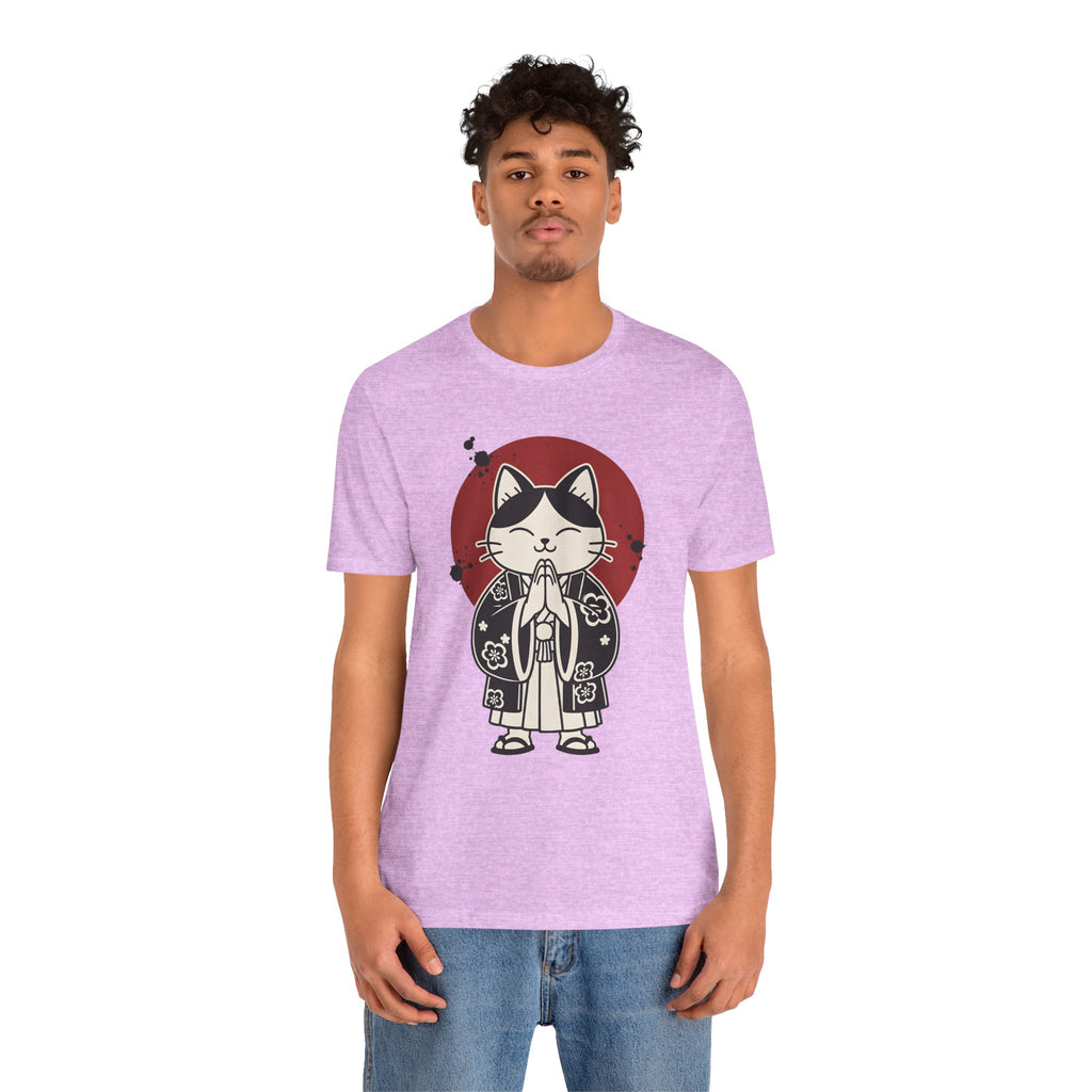 Samurai Cat T‑Shirt — Cute Praying Cat with Red Sun Graphic