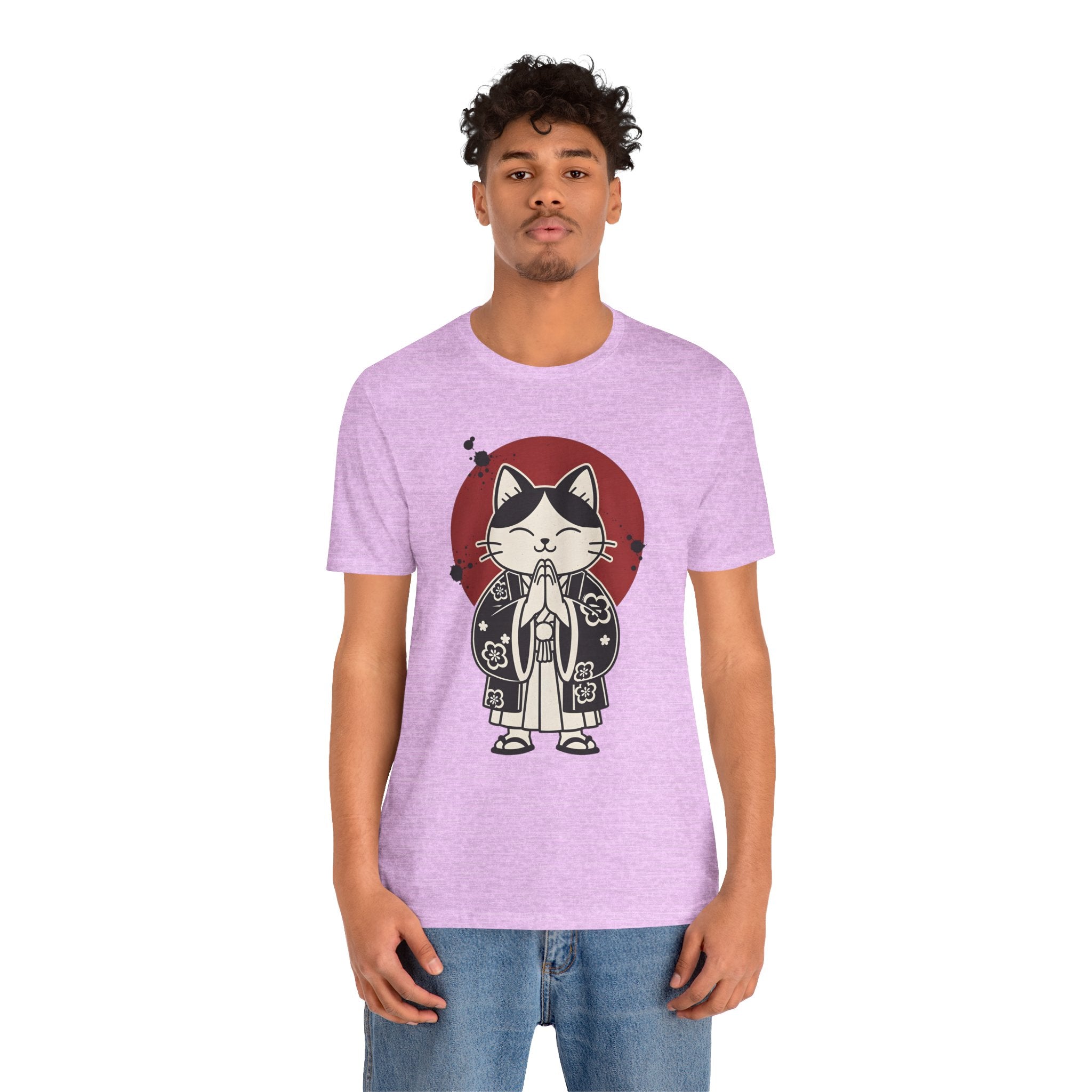 Samurai Cat T‑Shirt — Cute Praying Cat with Red Sun Graphic