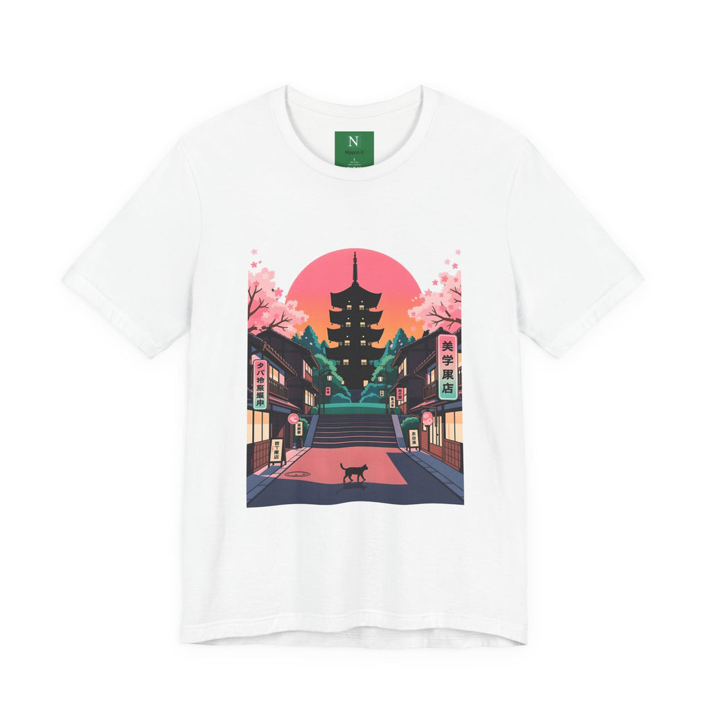 Japanese Pagoda Sunset Tee — Sakura Street Cat Graphic T-Shirt