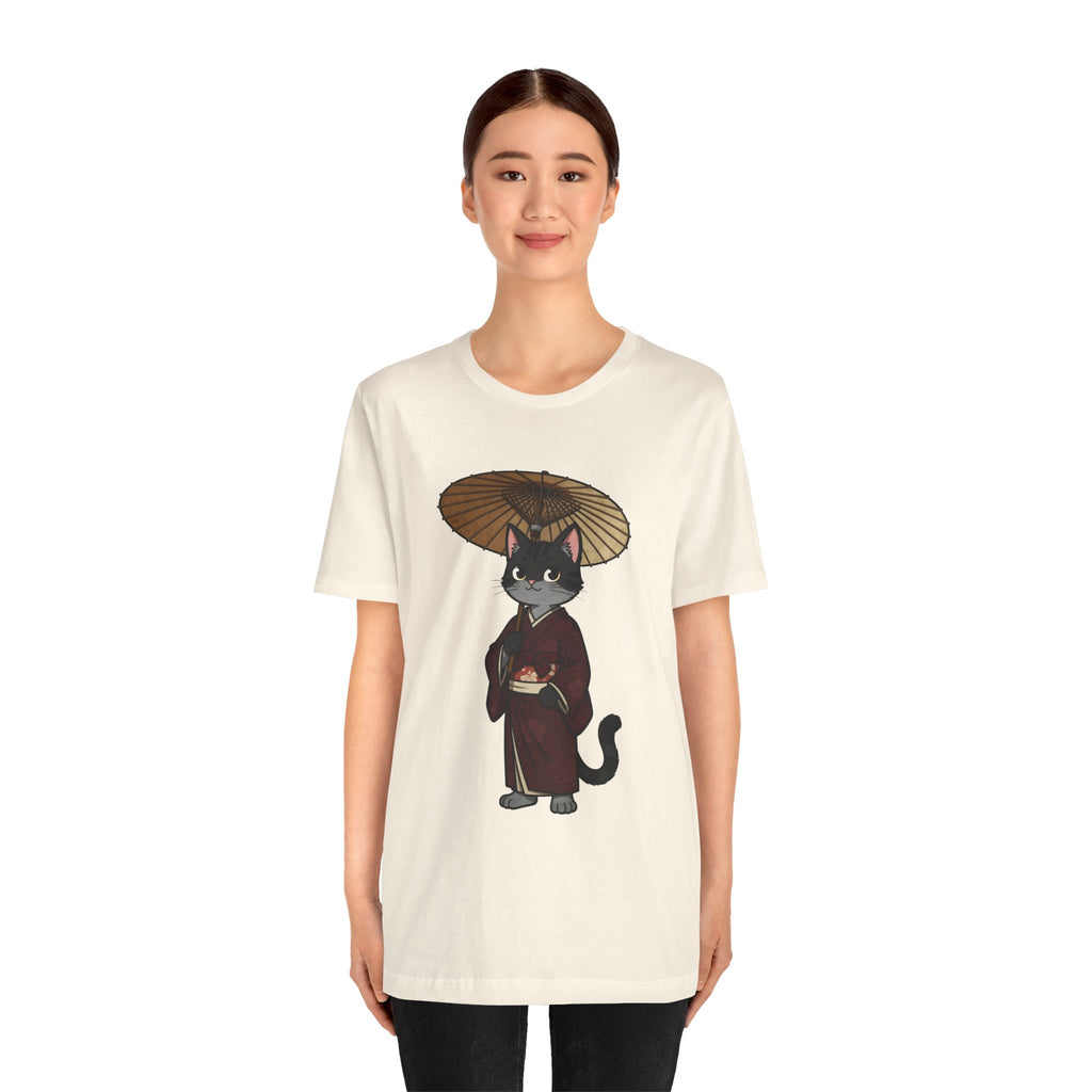 Geisha Cat Tee — Japanese Umbrella Cat Graphic T-Shirt