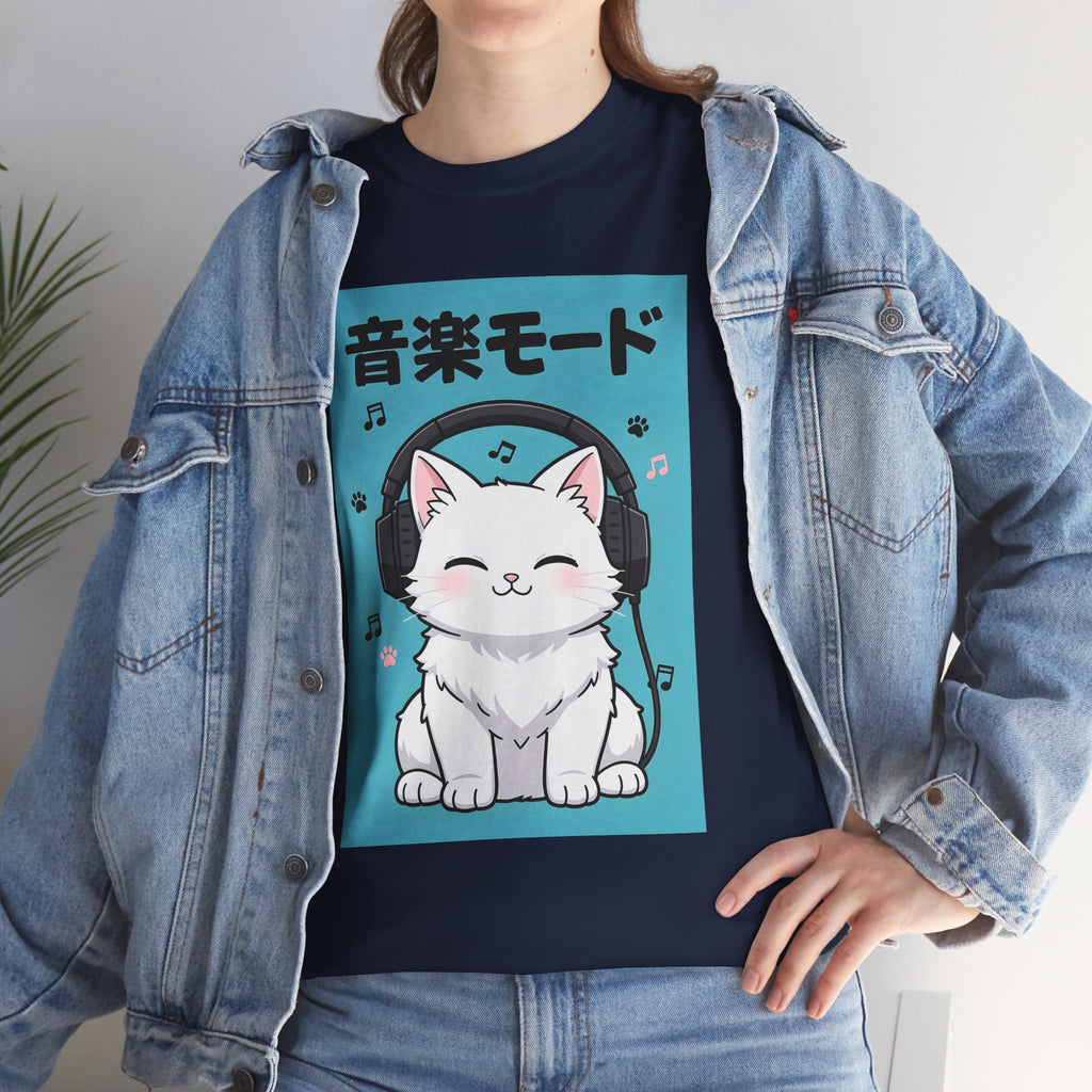 Music Mode Cat T-Shirt — Cute Headphone Kitten Tee (Japanese Text)