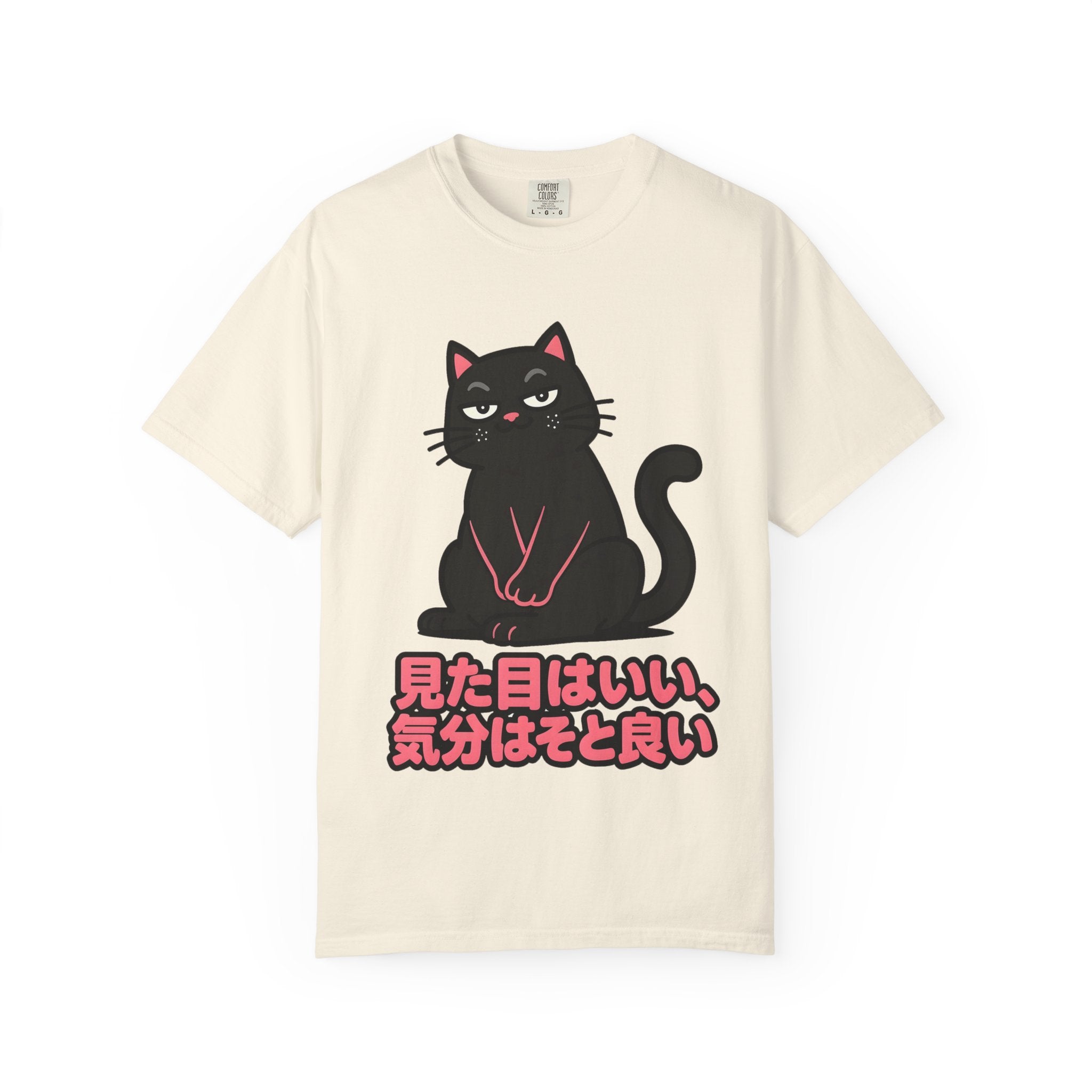 Cat Graphic T-Shirt — Black Cat with Japanese Text (見た目はいい、気分はそと良い)