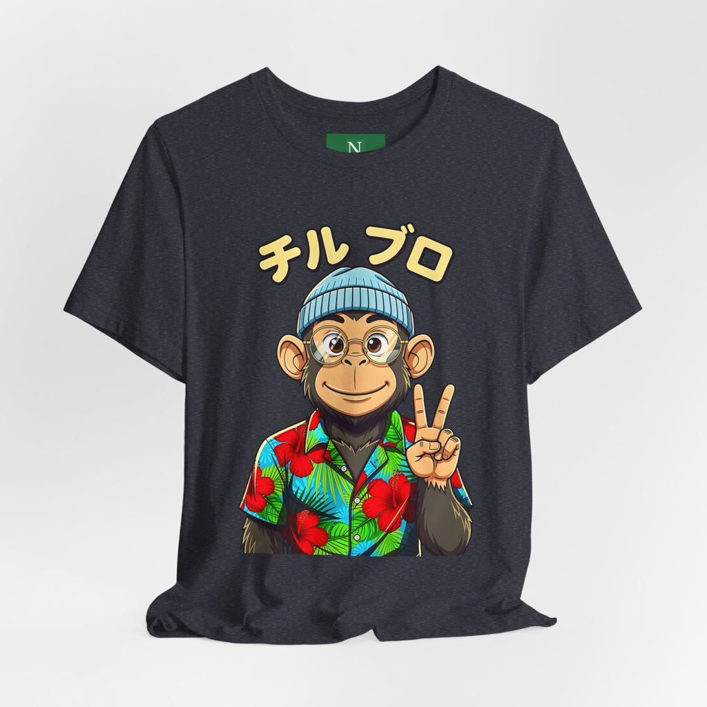 Monkey Peace Sign Tee — Hawaiian Shirt Chimp Graphic with Japanese Text