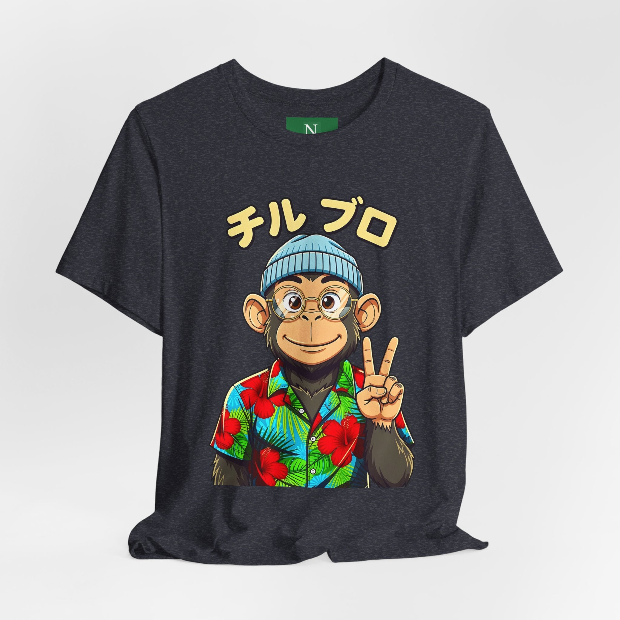 Monkey Peace Sign Tee — Hawaiian Shirt Chimp Graphic with Japanese Text