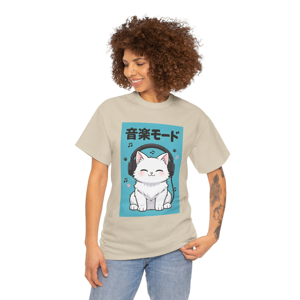 Music Mode Cat T-Shirt — Cute Headphone Kitten Tee (Japanese Text)