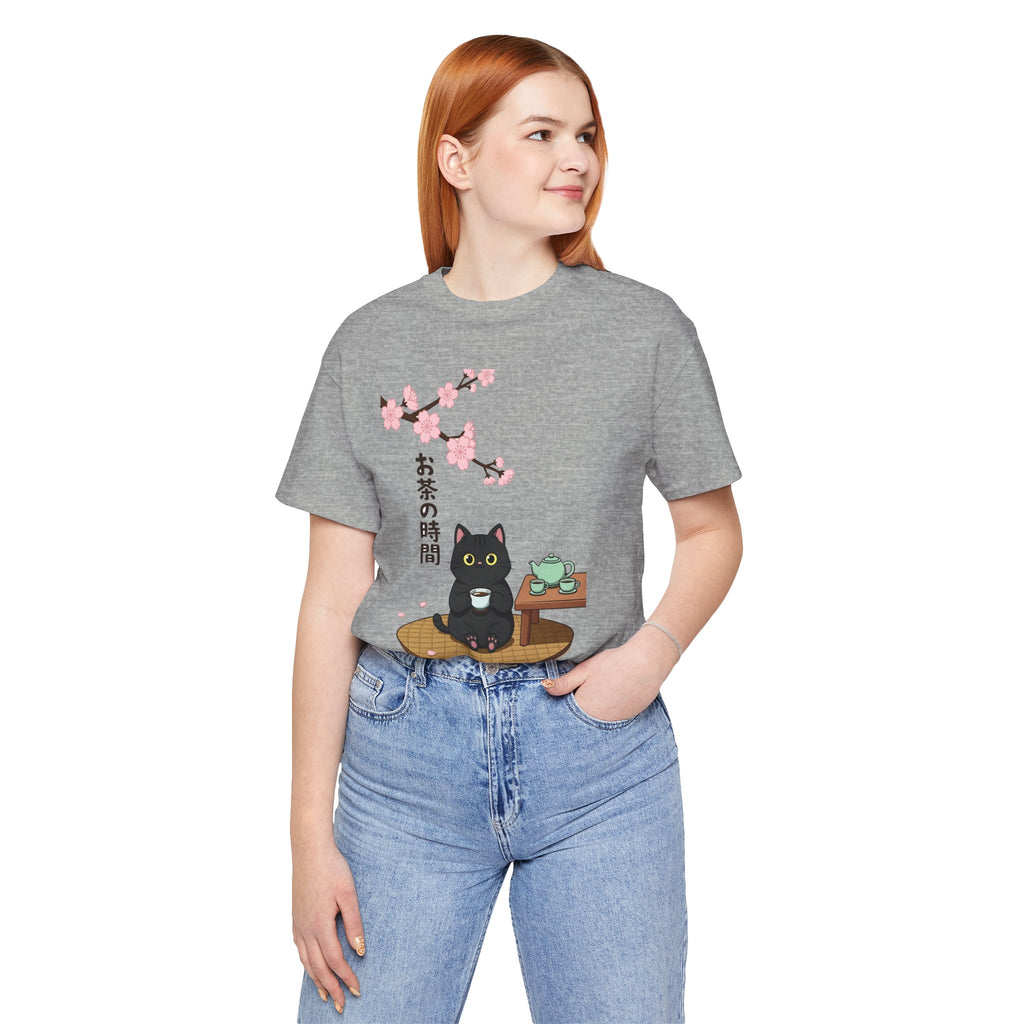 Cat Tea Time T-Shirt — Kawaii Black Cat with Sakura and Teapot