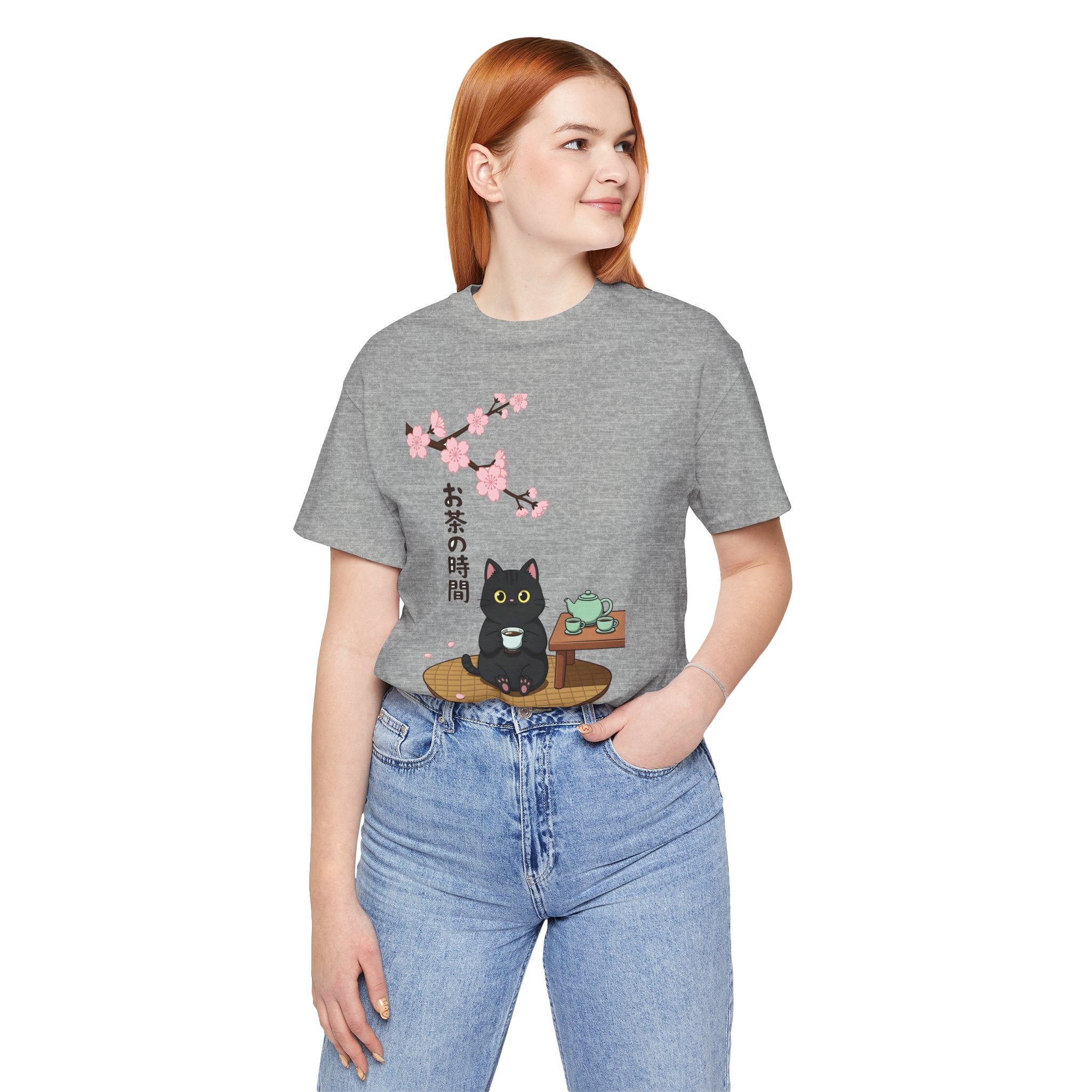 Cat Tea Time T-Shirt — Kawaii Black Cat with Sakura and Teapot