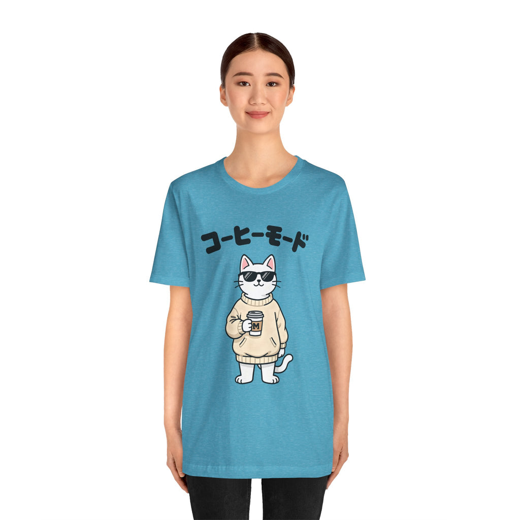 Coffee Mode Cat Tee — Cute Japanese Cat Holding Coffee T-Shirt