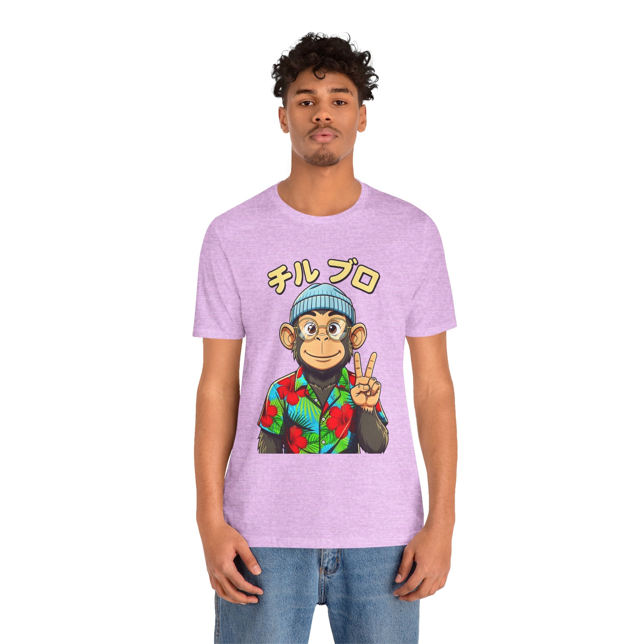 Monkey Peace Sign Tee — Hawaiian Shirt Chimp Graphic with Japanese Text