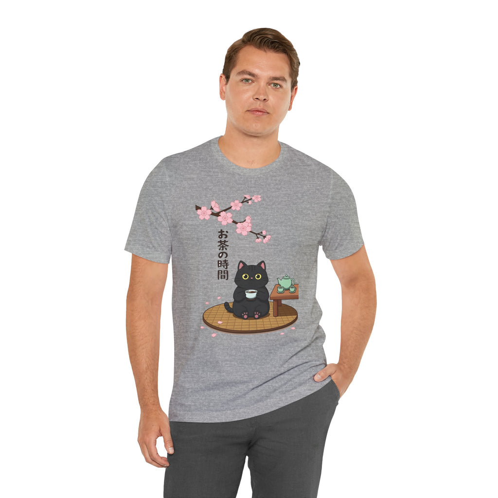 Cat Tea Time T-Shirt — Kawaii Black Cat with Sakura and Teapot