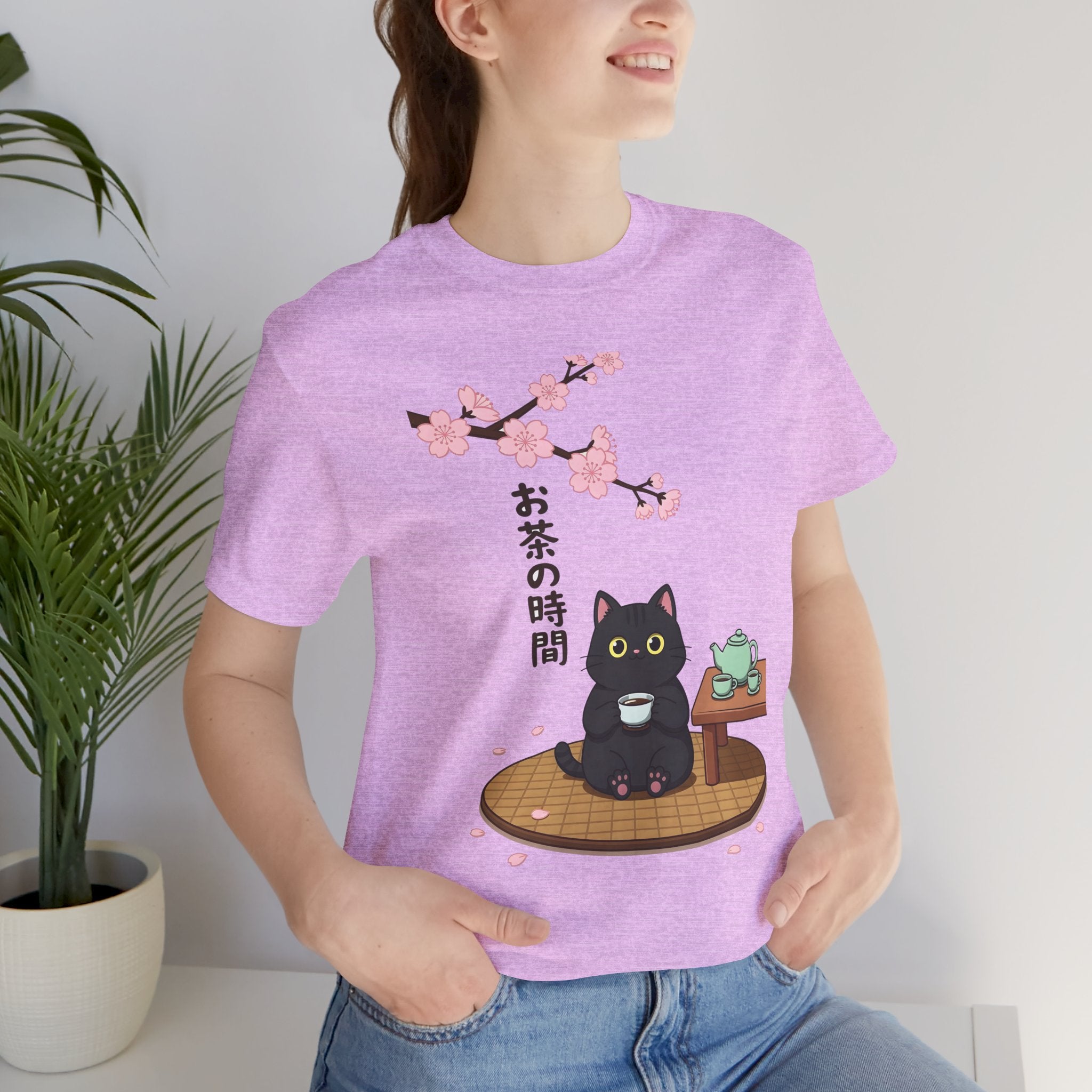 Cat Tea Time T-Shirt — Kawaii Black Cat with Sakura and Teapot