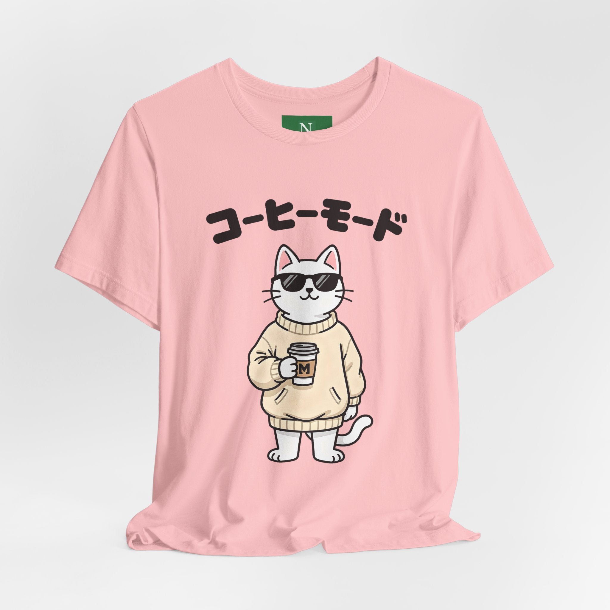Coffee Mode Cat Tee — Cute Japanese Cat Holding Coffee T-Shirt