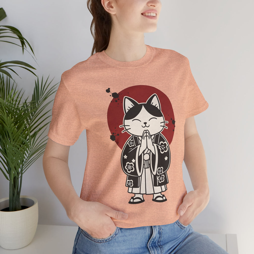 Samurai Cat T‑Shirt — Cute Praying Cat with Red Sun Graphic