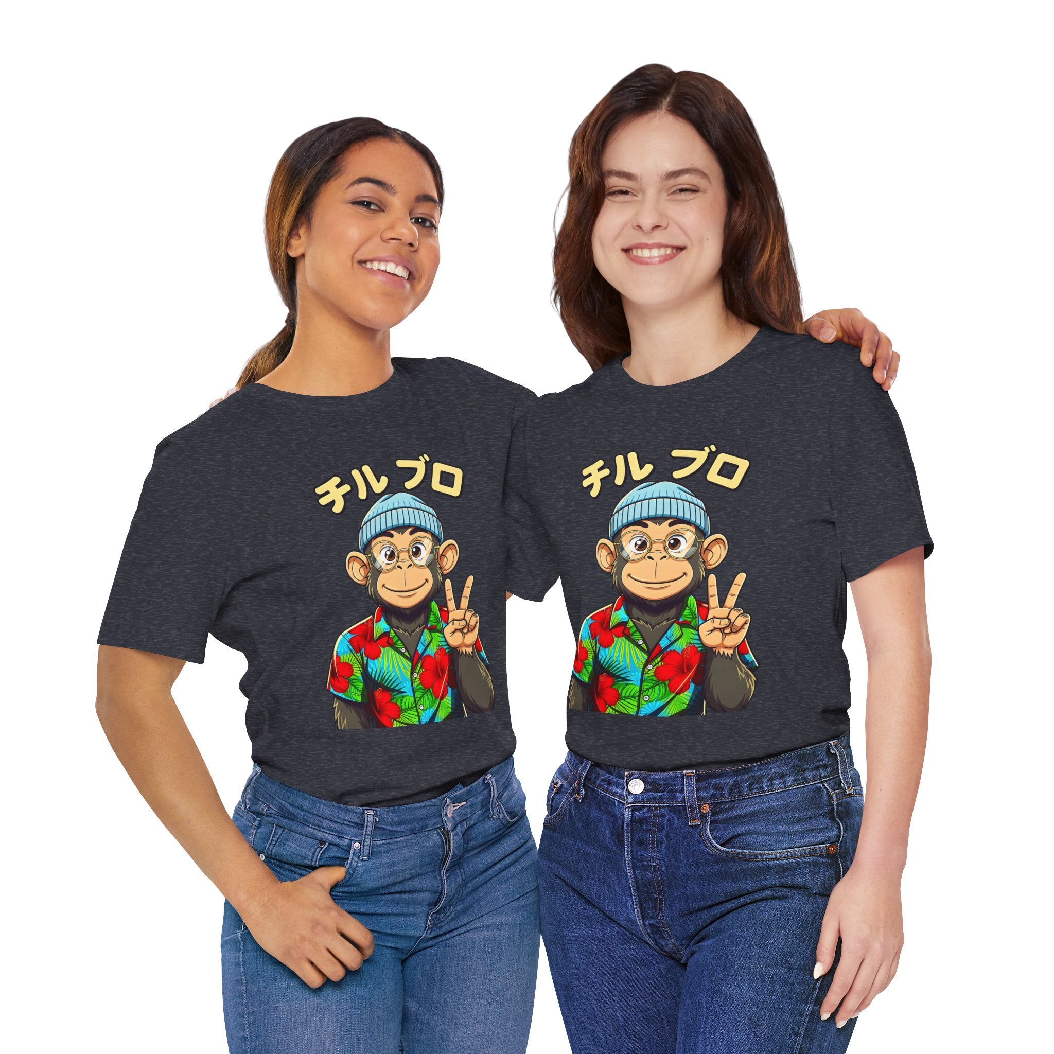 Monkey Peace Sign Tee — Hawaiian Shirt Chimp Graphic with Japanese Text