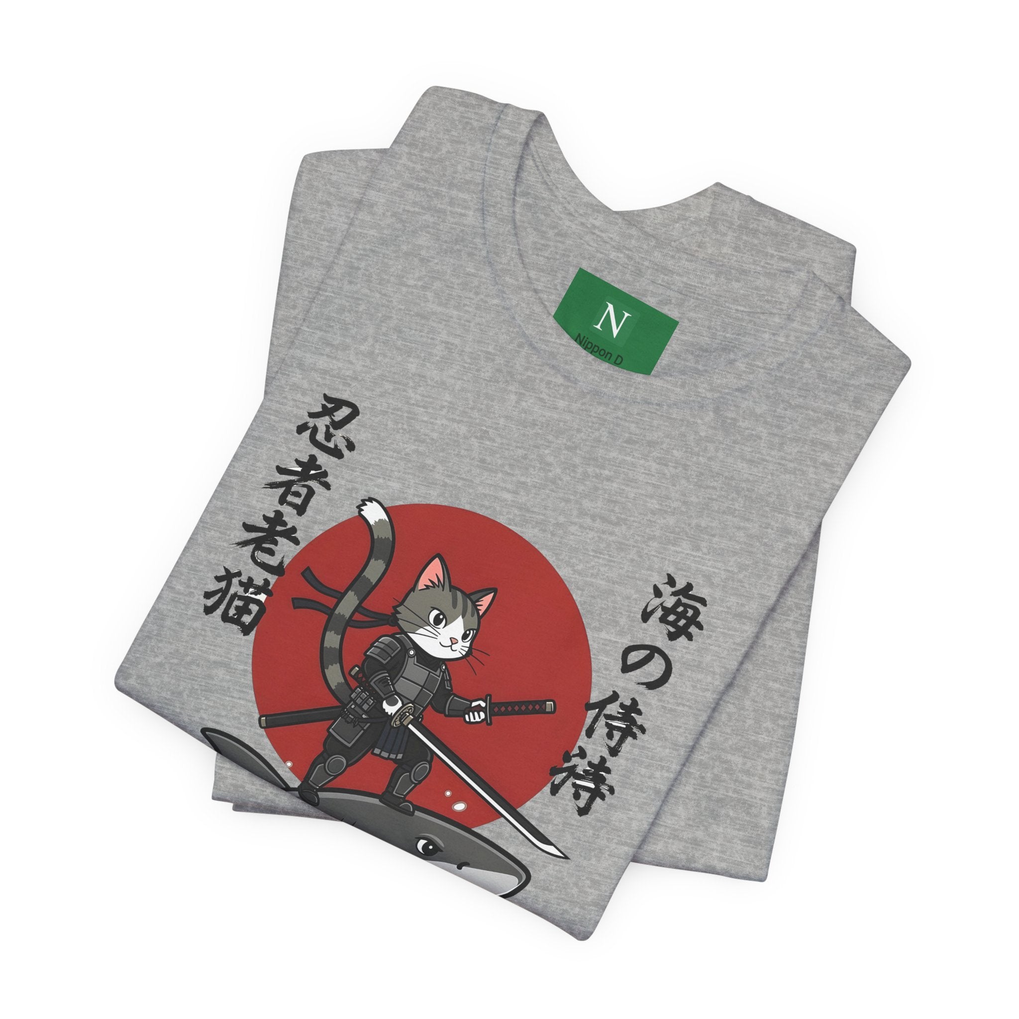 Ninja Cat Riding Shark T‑Shirt — Japanese Samurai Style Graphic Tee