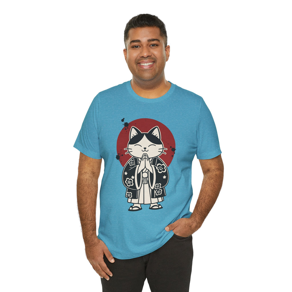 Samurai Cat T‑Shirt — Cute Praying Cat with Red Sun Graphic