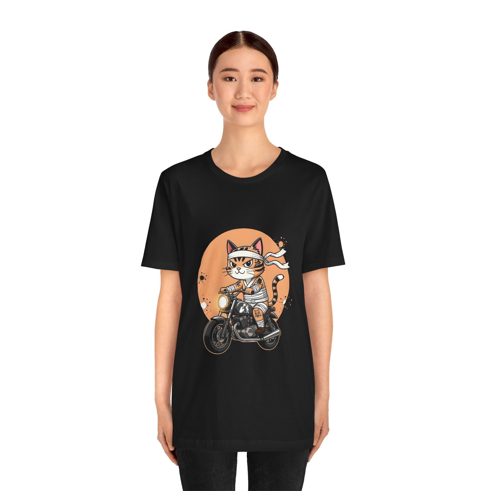 Retro Biker Cat T‑Shirt — Cute Motorcycle Cat Graphic Tee