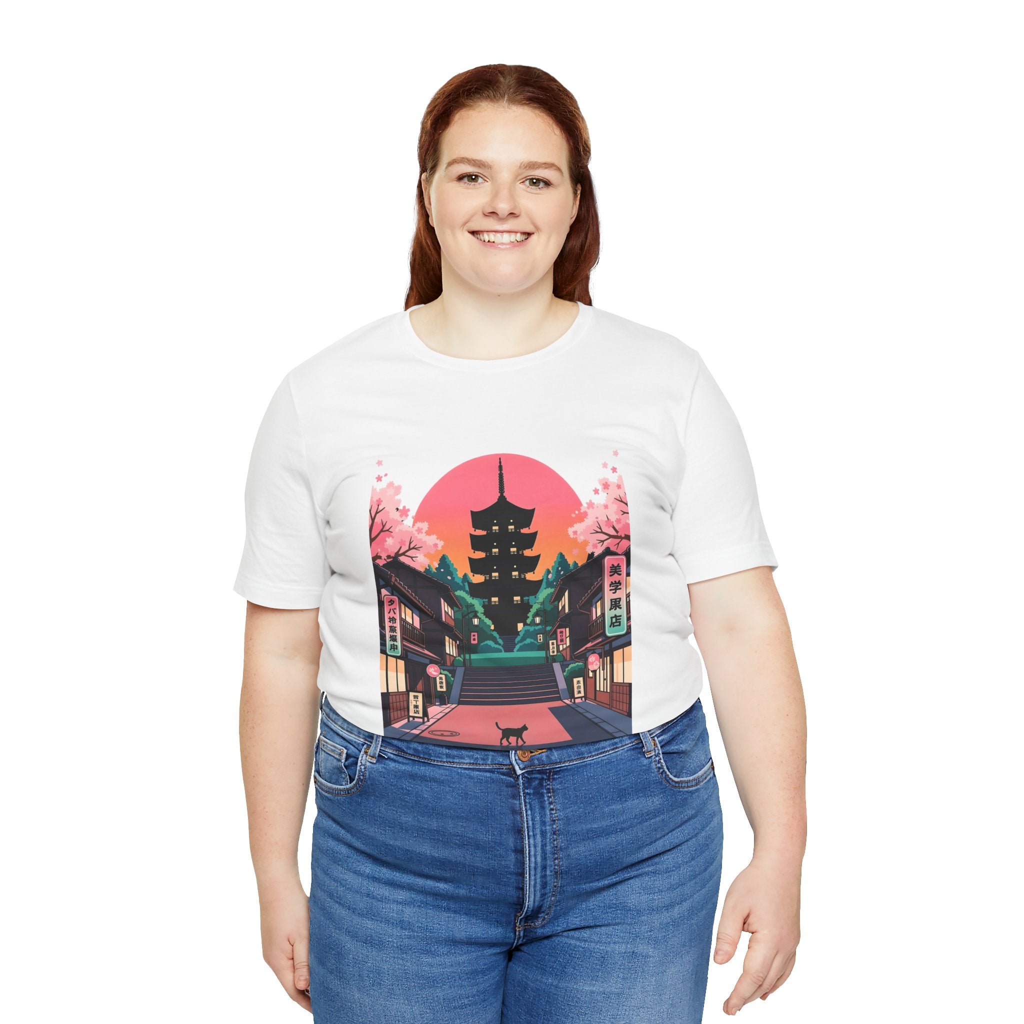 Japanese Pagoda Sunset Tee — Sakura Street Cat Graphic T-Shirt