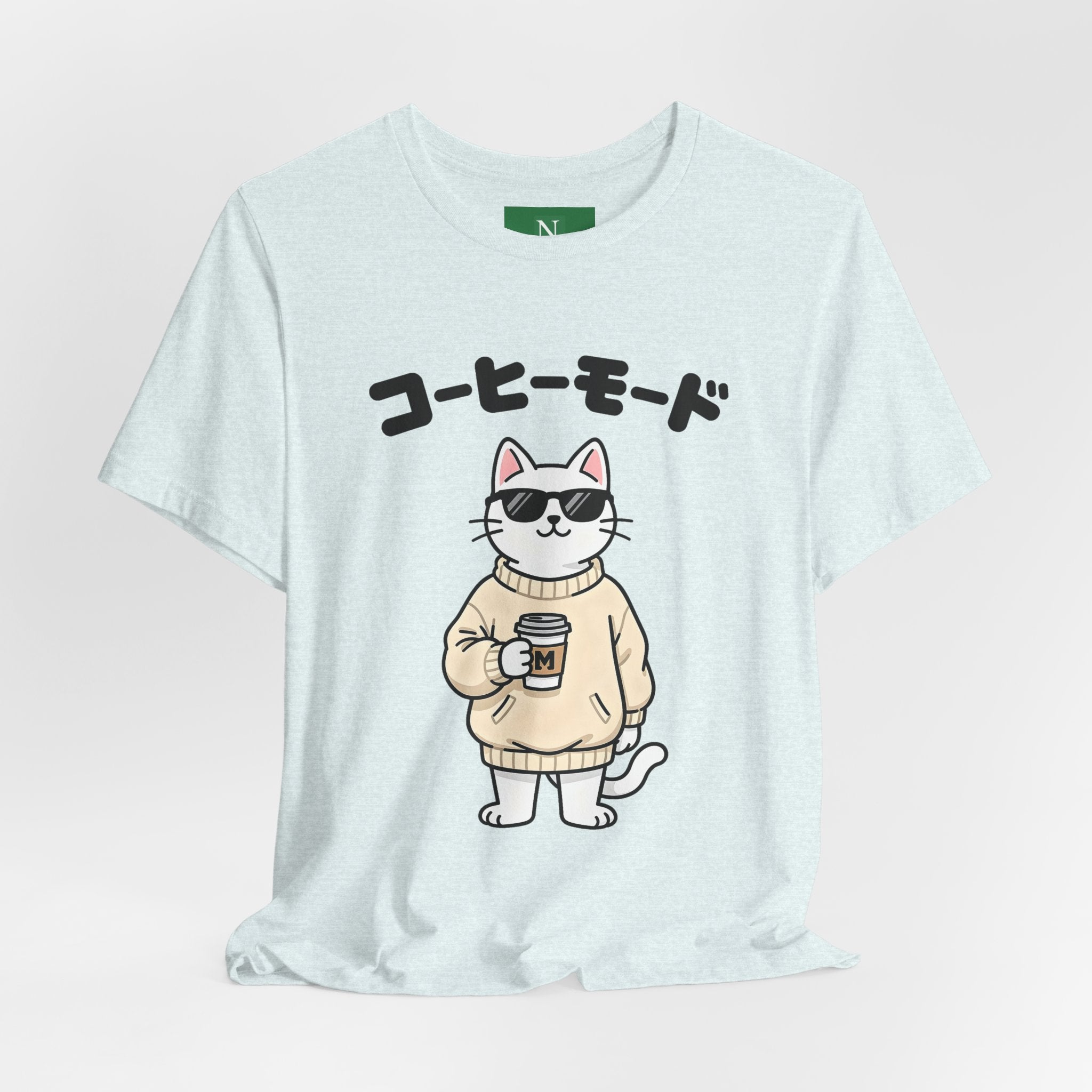 Coffee Mode Cat Tee — Cute Japanese Cat Holding Coffee T-Shirt