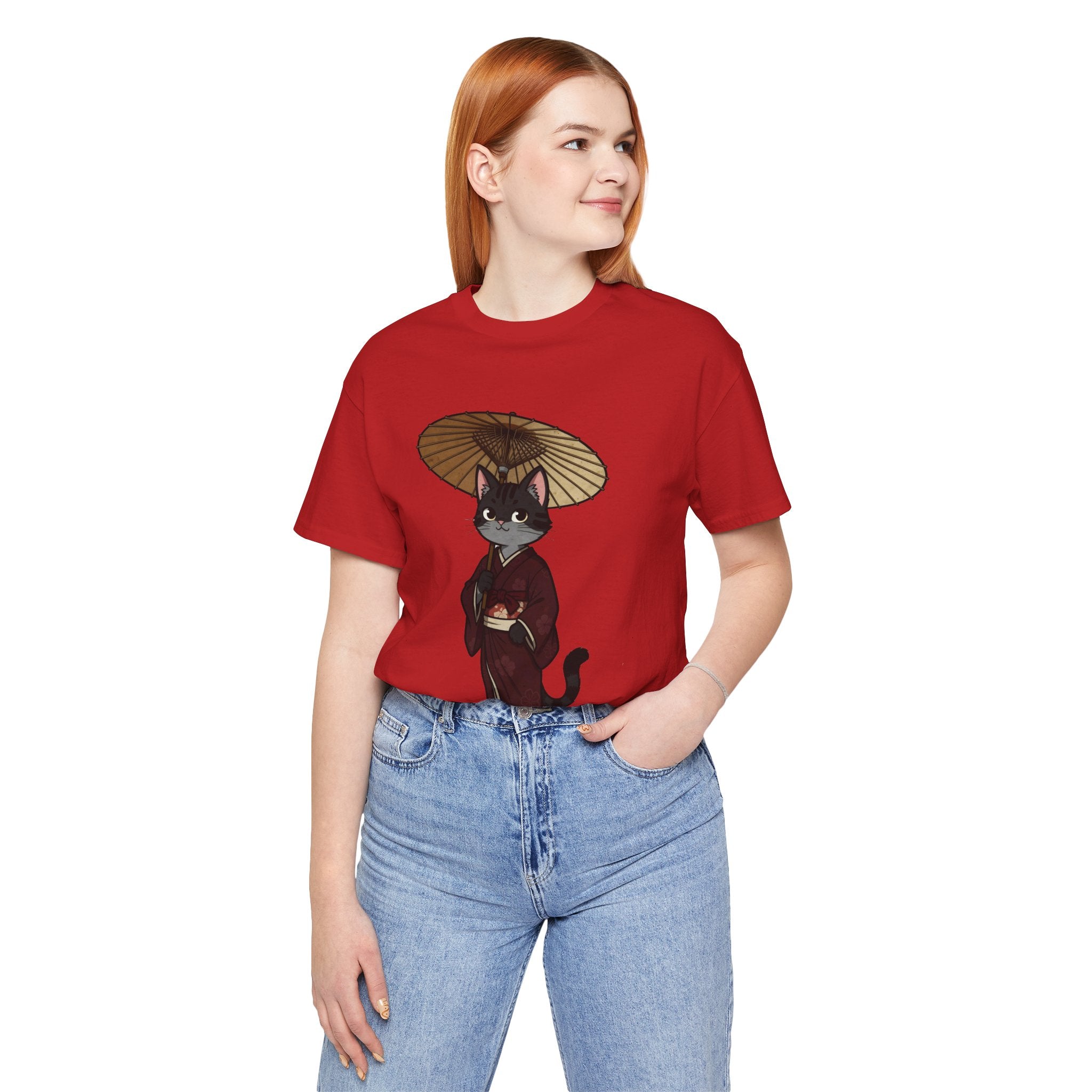 Geisha Cat Tee — Japanese Umbrella Cat Graphic T-Shirt