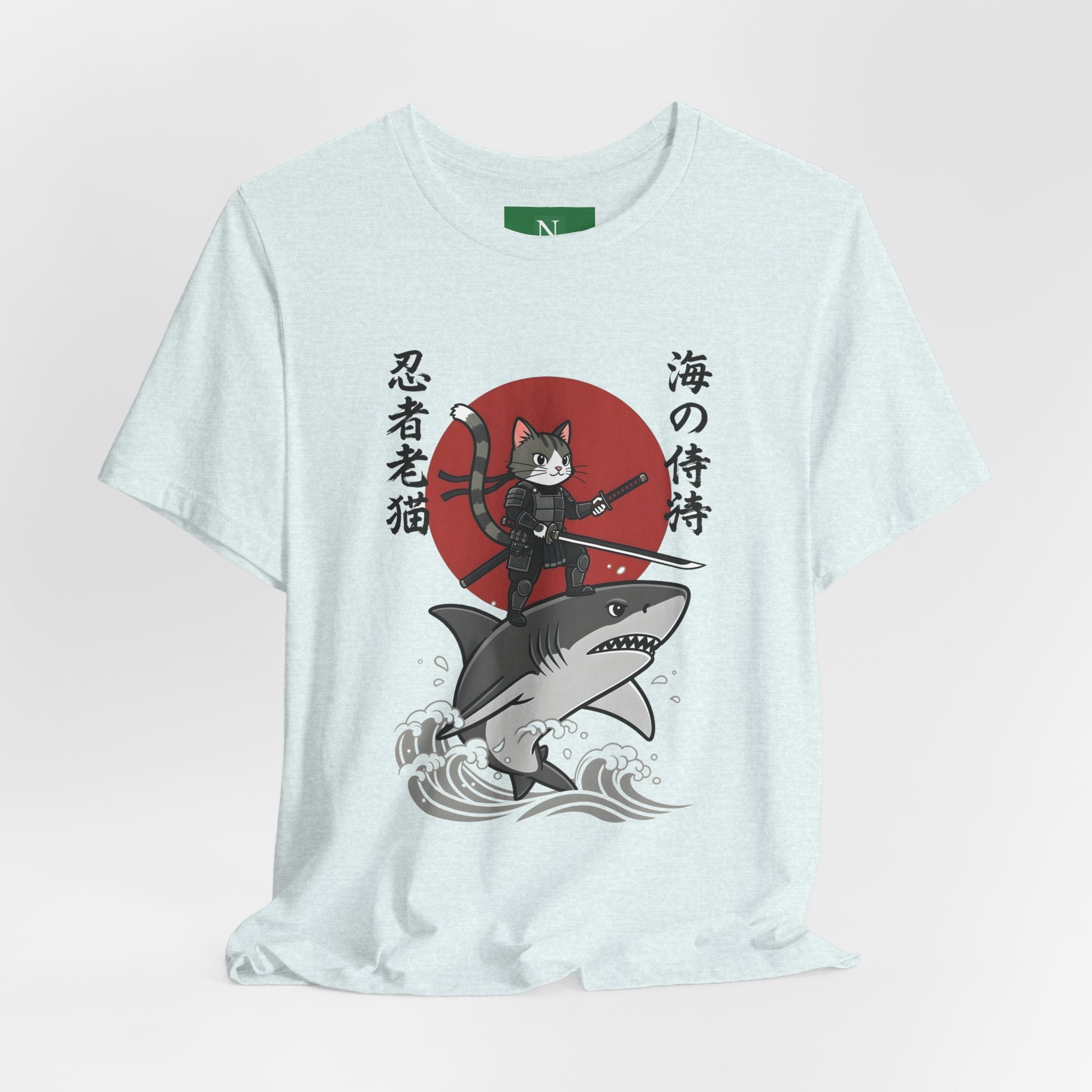 Ninja Cat Riding Shark T‑Shirt — Japanese Samurai Style Graphic Tee