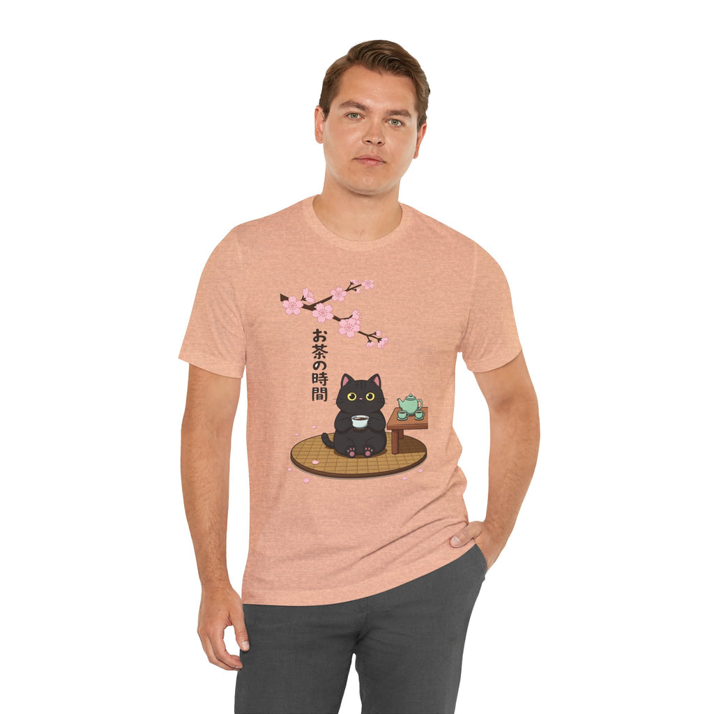 Cat Tea Time T-Shirt — Kawaii Black Cat with Sakura and Teapot