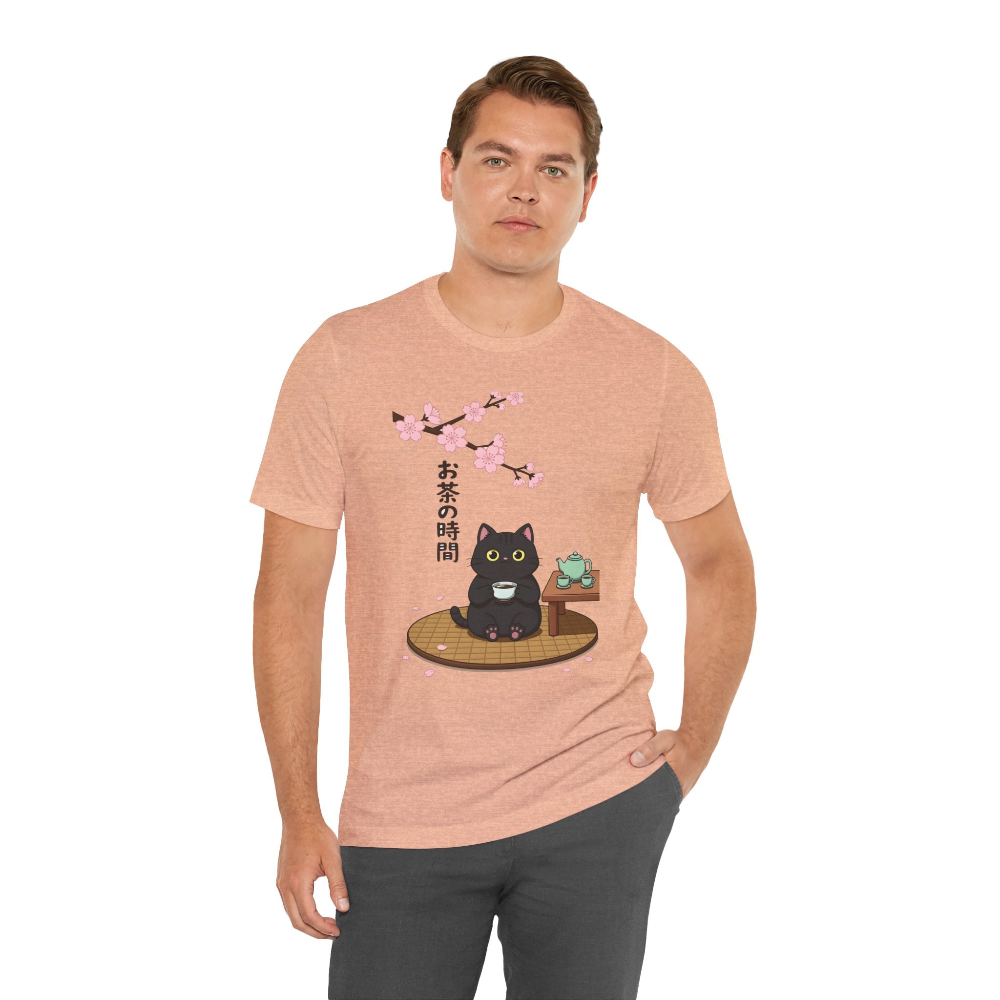 Cat Tea Time T-Shirt — Kawaii Black Cat with Sakura and Teapot