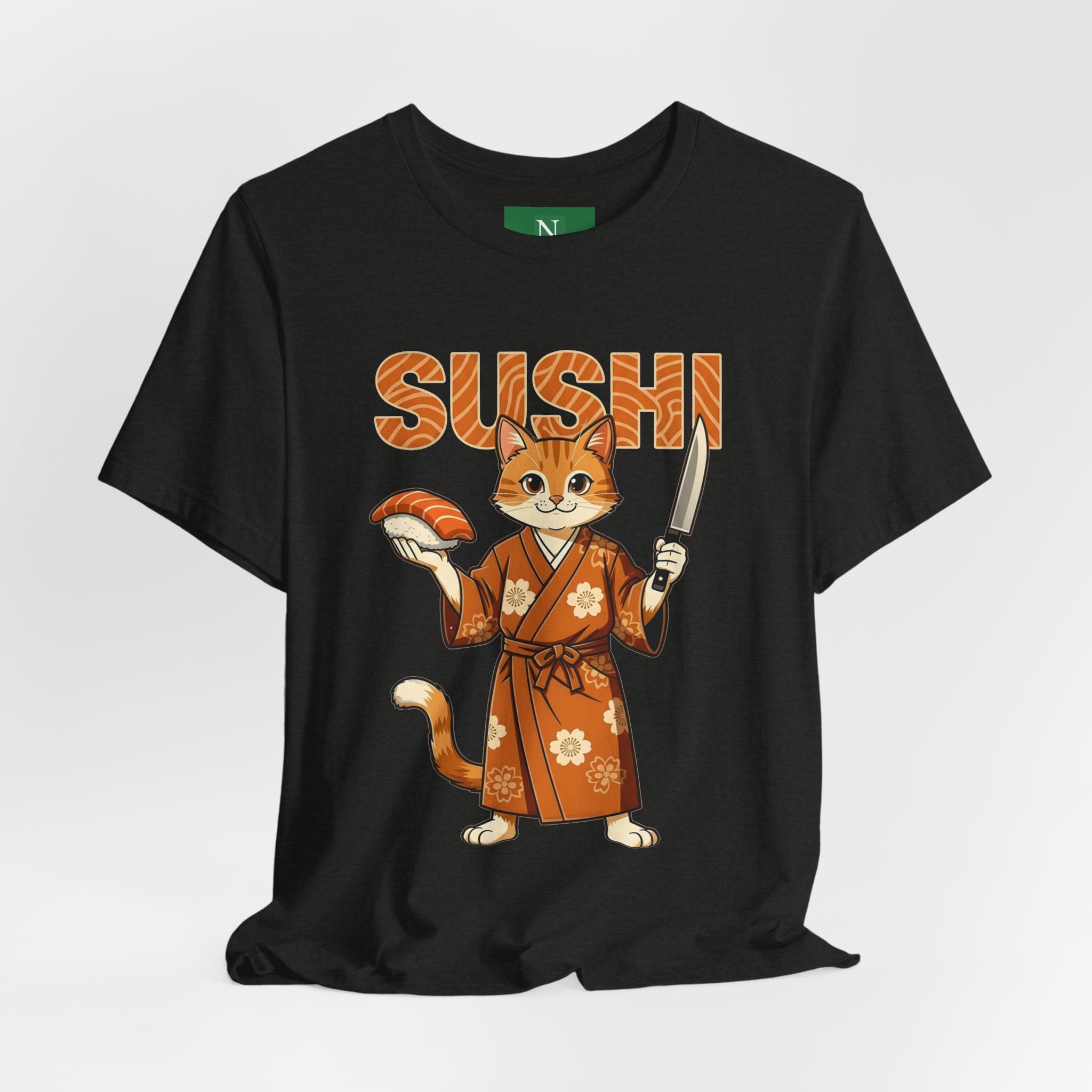 Sushi Cat Graphic Tee — Cute Samurai Cat Holding Sushi & Knife