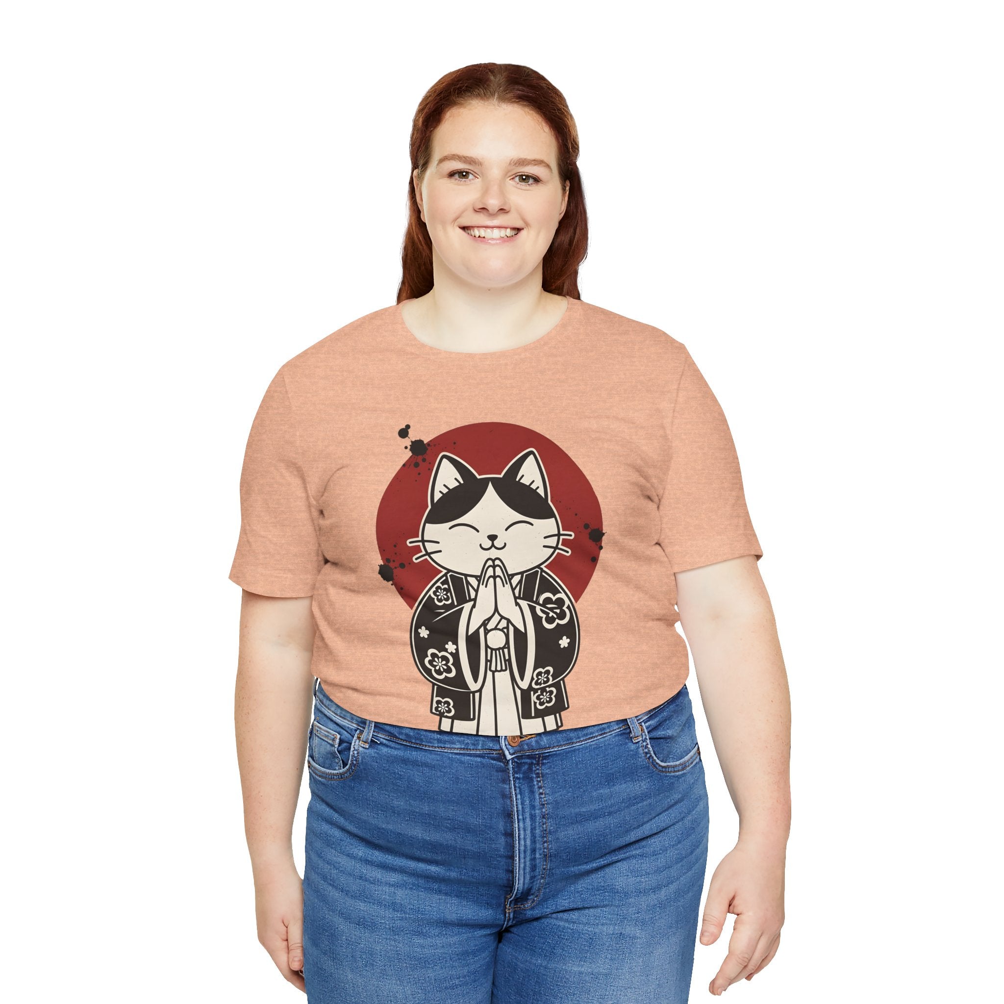 Samurai Cat T‑Shirt — Cute Praying Cat with Red Sun Graphic