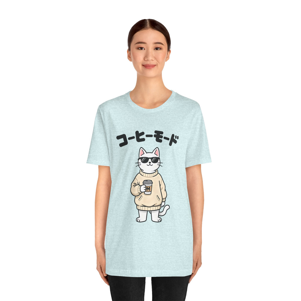 Coffee Mode Cat Tee — Cute Japanese Cat Holding Coffee T-Shirt