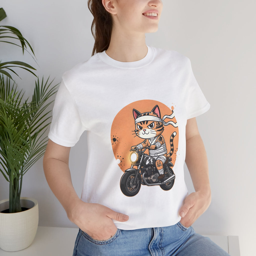 Retro Biker Cat T‑Shirt — Cute Motorcycle Cat Graphic Tee