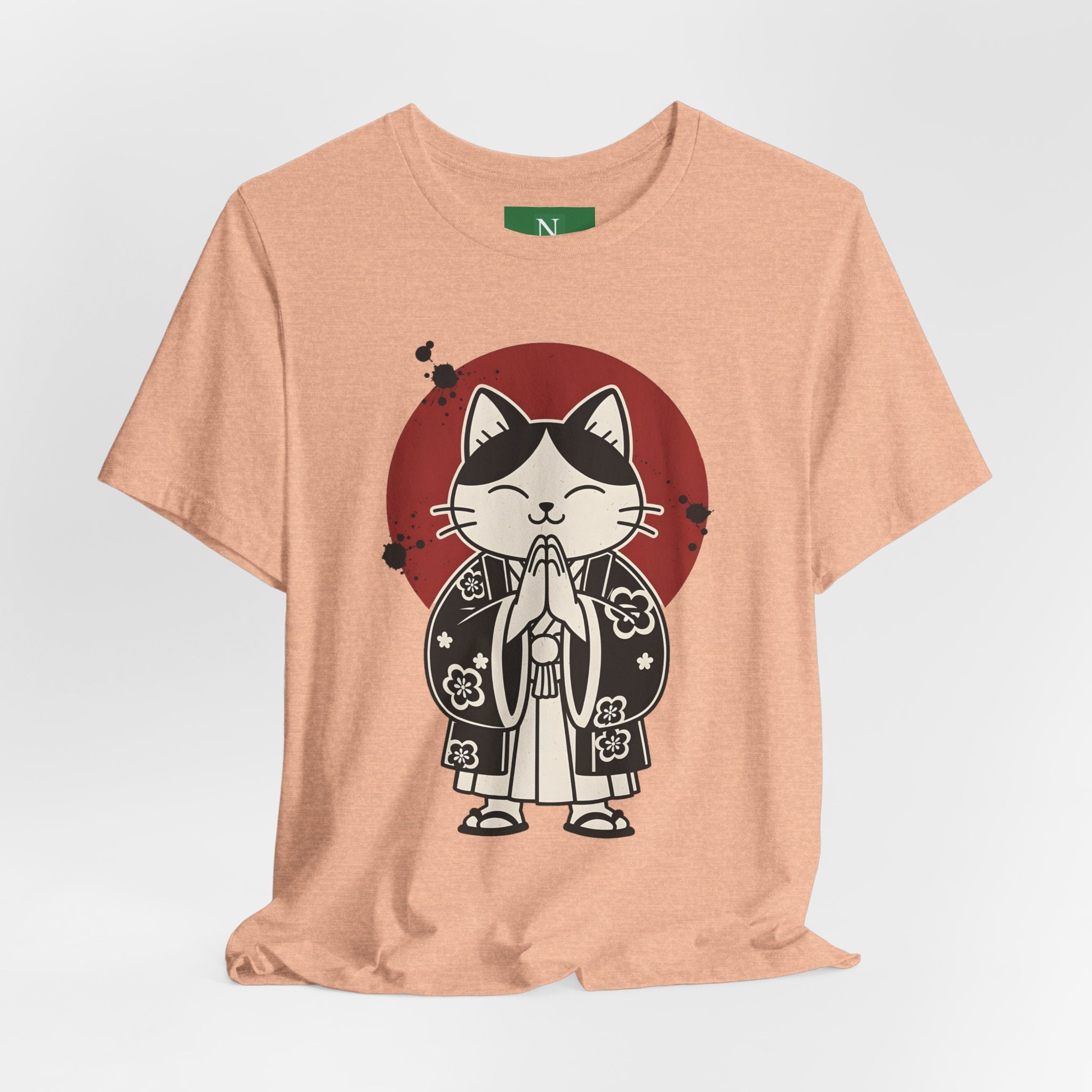 Samurai Cat T‑Shirt — Cute Praying Cat with Red Sun Graphic